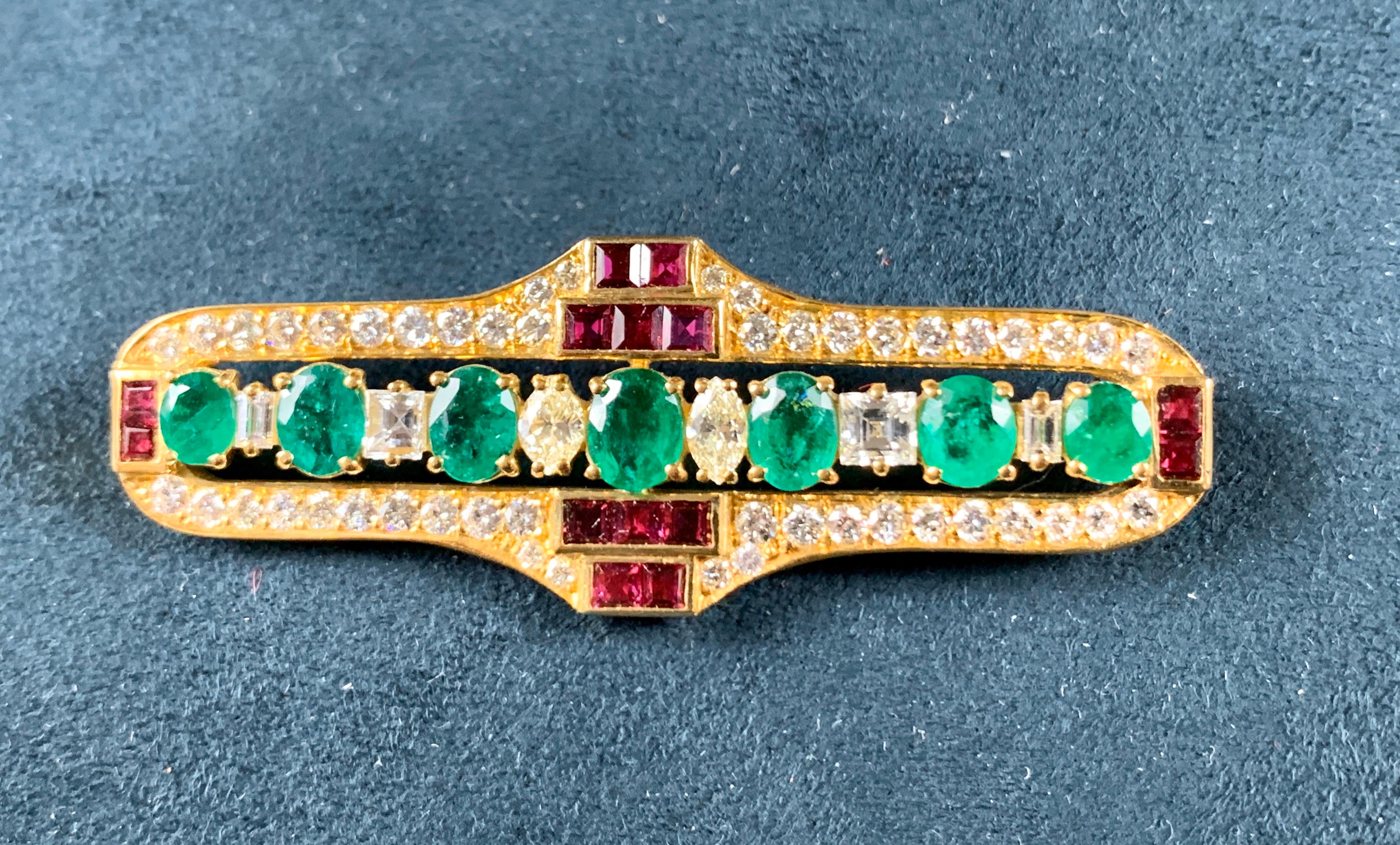 Pair of Art Deco Style Emerald, Diamond and Ruby Brooches For Sale 5