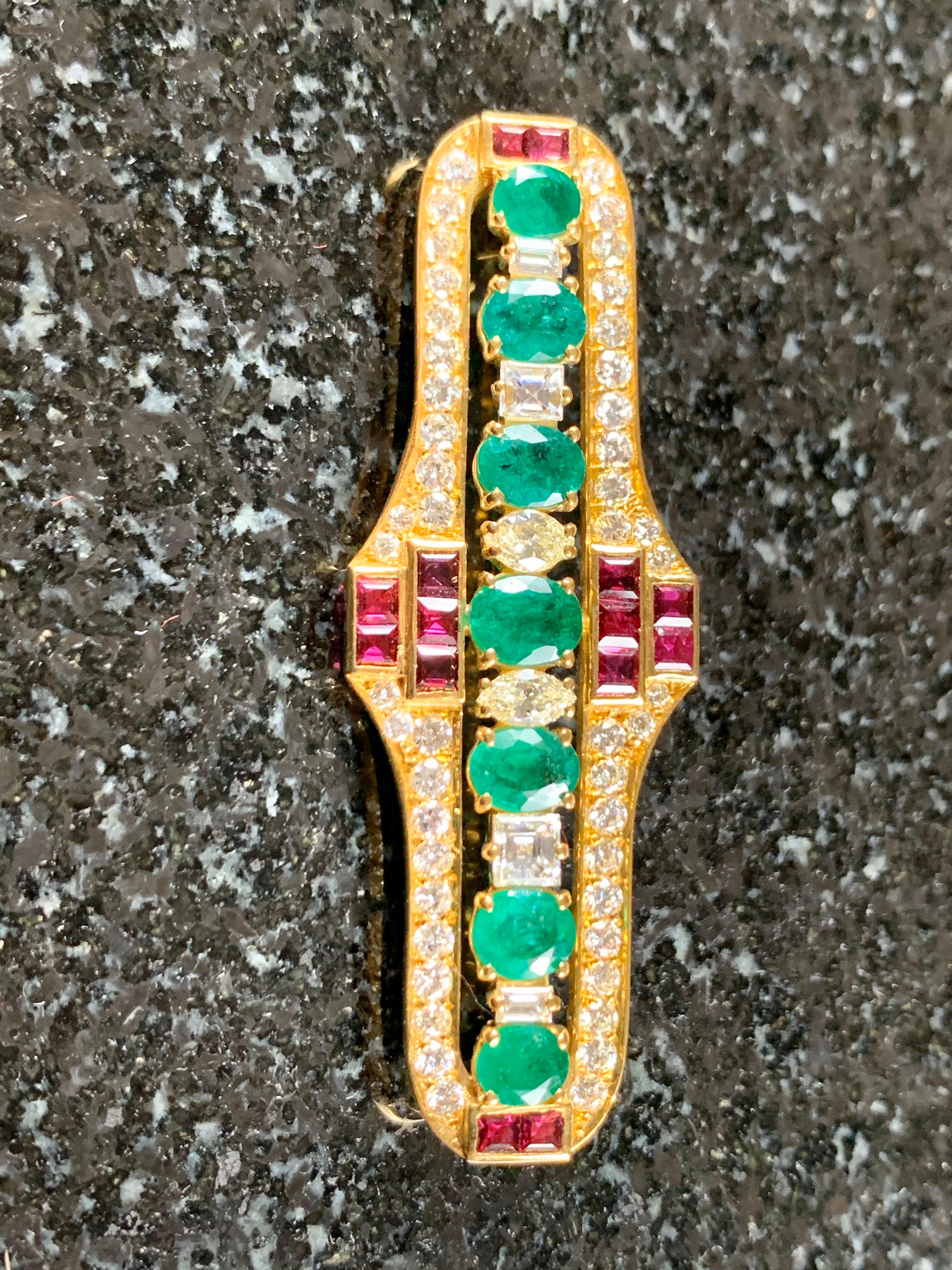 Emerald Cut Pair of Art Deco Style Emerald, Diamond and Ruby Brooches For Sale