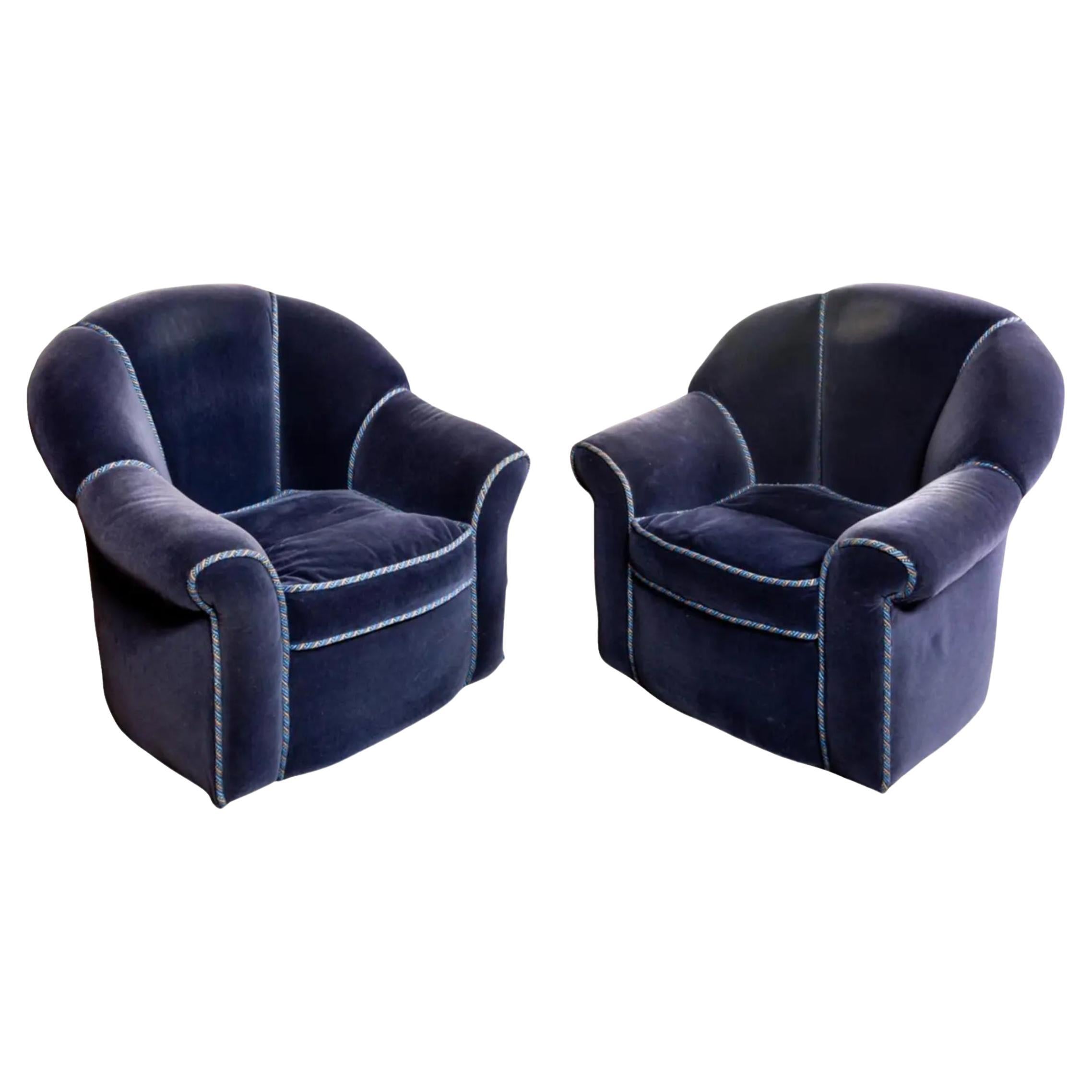Pair of Art Deco Style Fully Upholstered Sapphire Blue Velvet Club Chairs For Sale