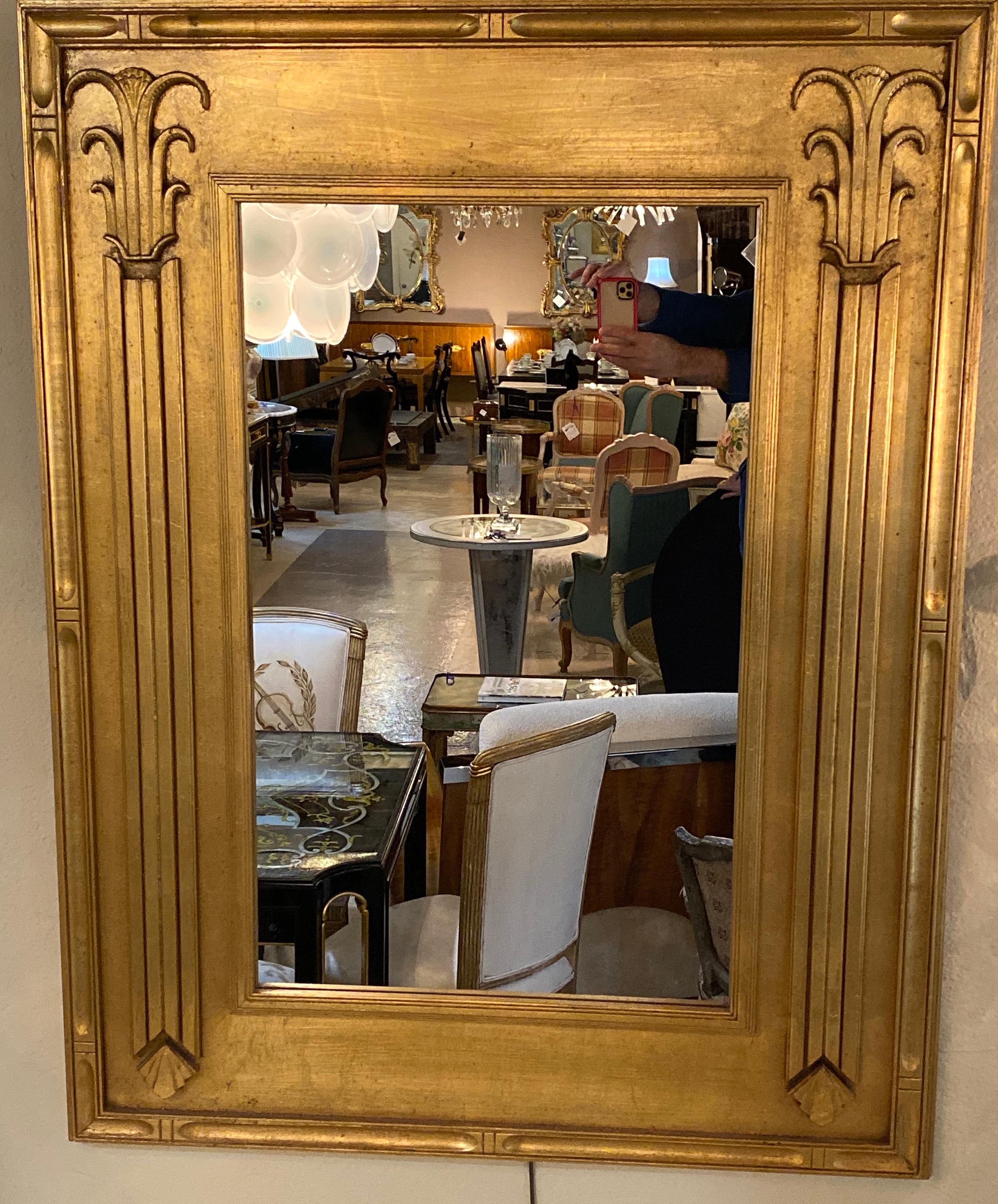 Pair of Art Deco Style Gilt Gold Architecturally Carved Wall or Console Mirrors In Good Condition In Manhasset, NY