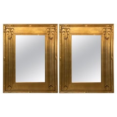 Vintage Pair of Art Deco Style Gilt Gold Architecturally Carved Wall or Console Mirrors