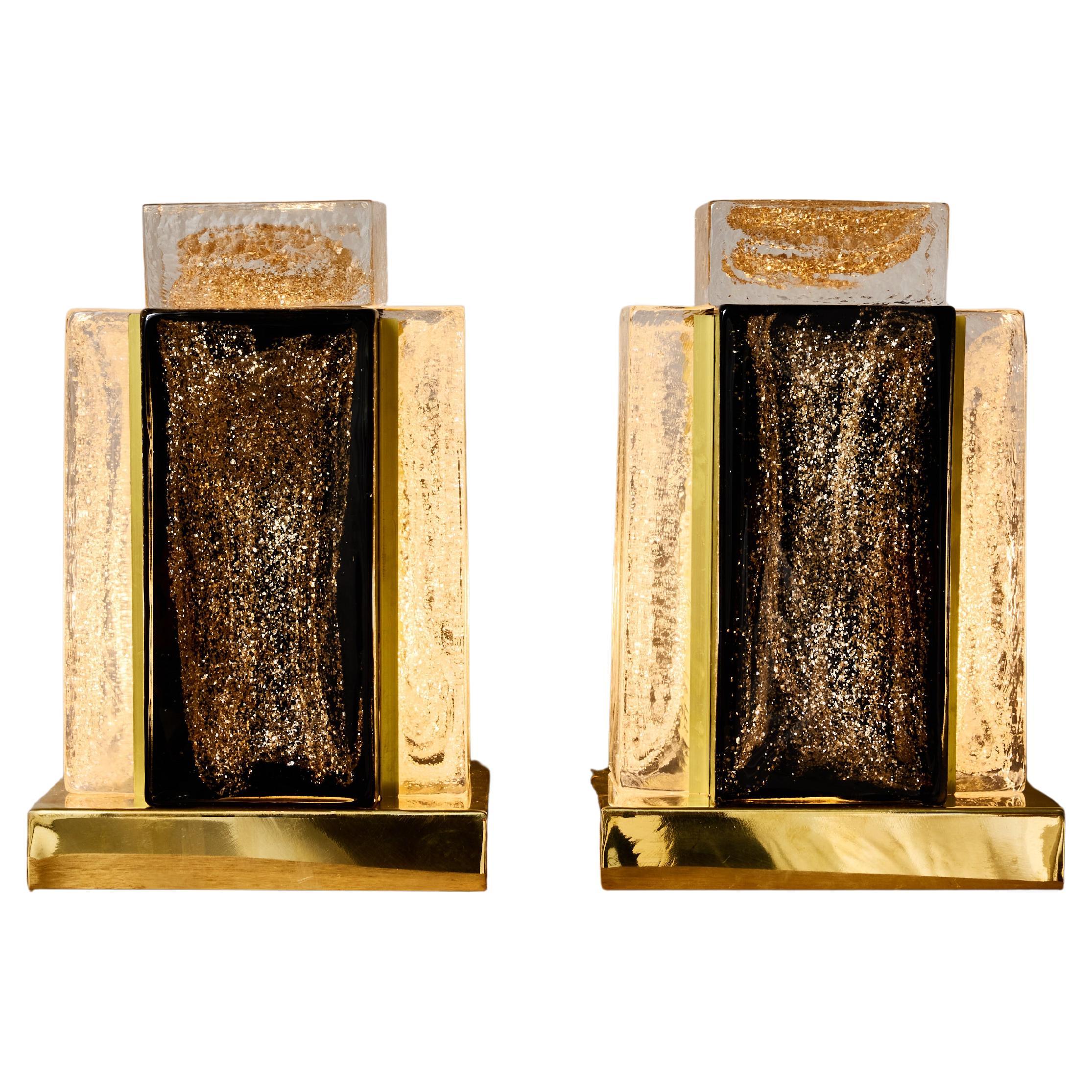 Pareja de Lámparas de Mesa de Vidrio y Latón de Estilo Art Decó en venta