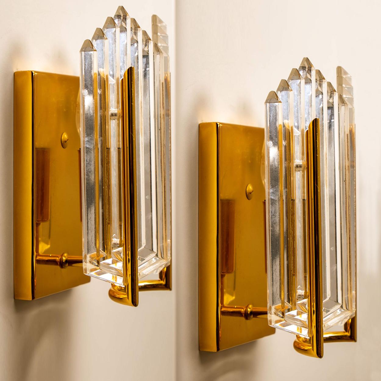 Austrian Pair of Art Deco Style Glass and Brass Wall Sconces, 1960s