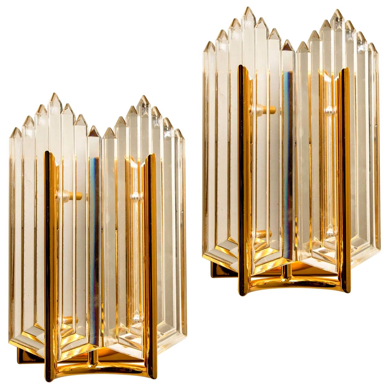 Pair of Art Deco Style Glass and Brass Wall Sconces, 1960s