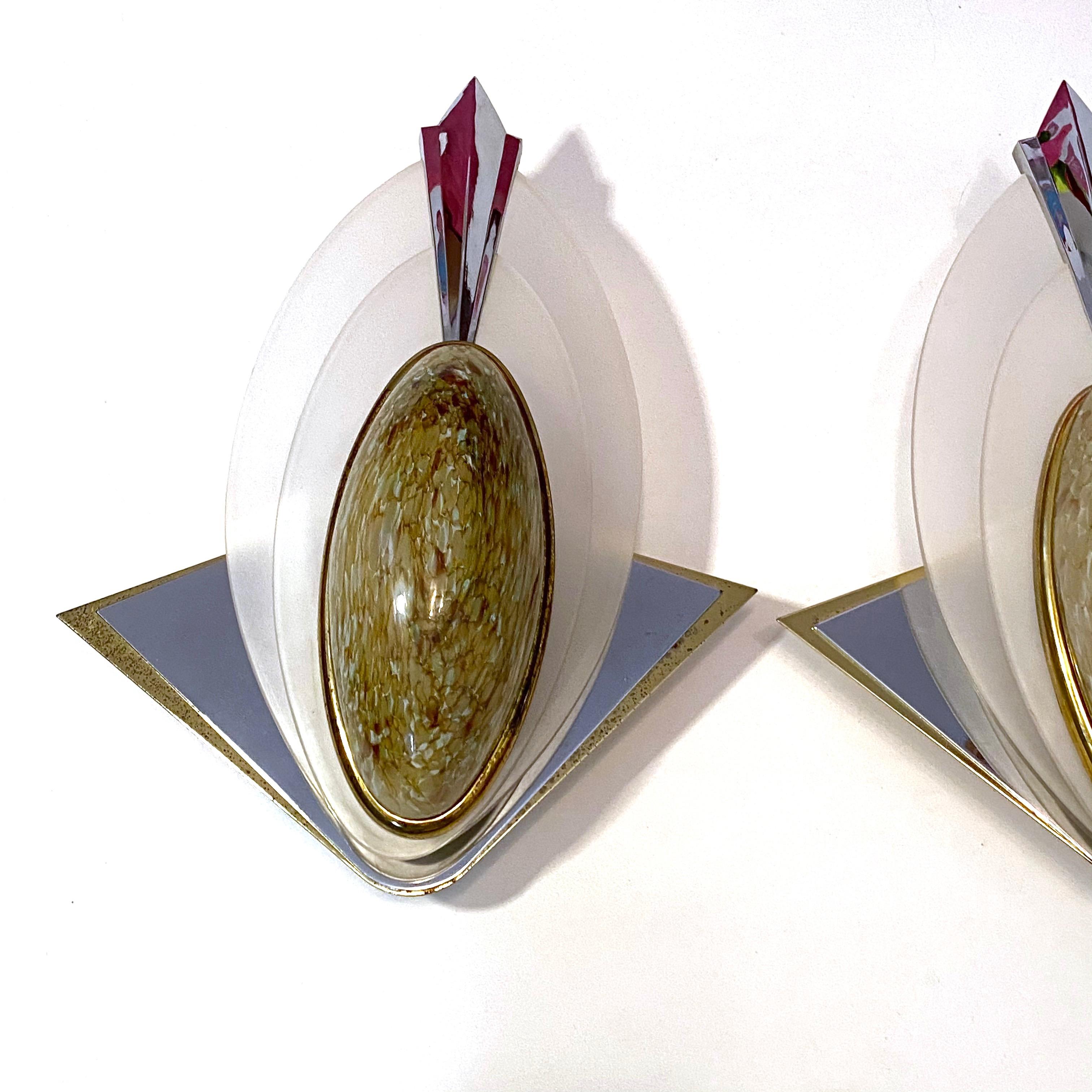 Late 20th Century Pair of Art Deco Style Glass, Chrome and Brass Sconces Vintage, German, 1970s For Sale
