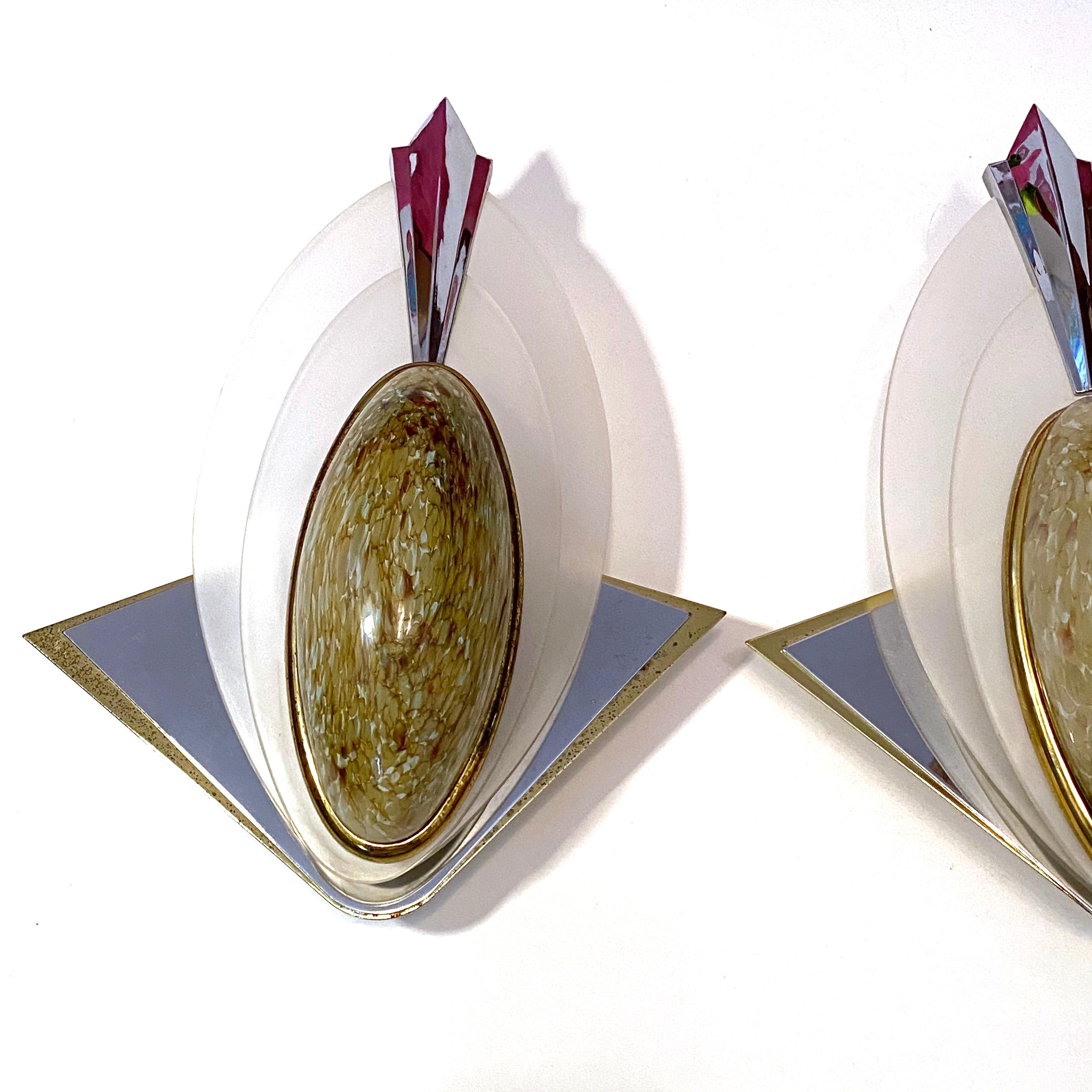 Metal Pair of Art Deco Style Glass, Chrome and Brass Sconces Vintage, German, 1970s For Sale