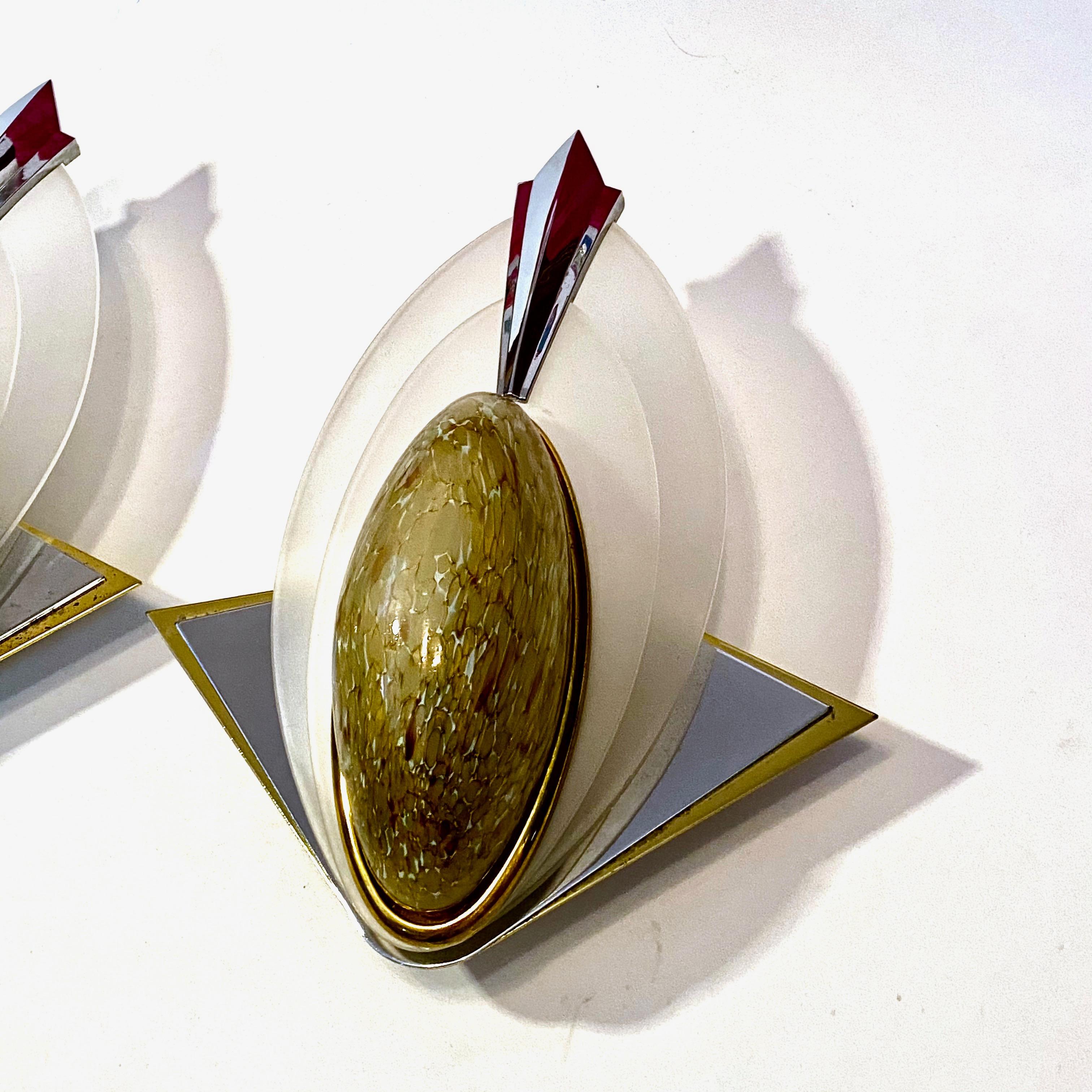 Pair of Art Deco Style Glass, Chrome and Brass Sconces Vintage, German, 1970s For Sale 1