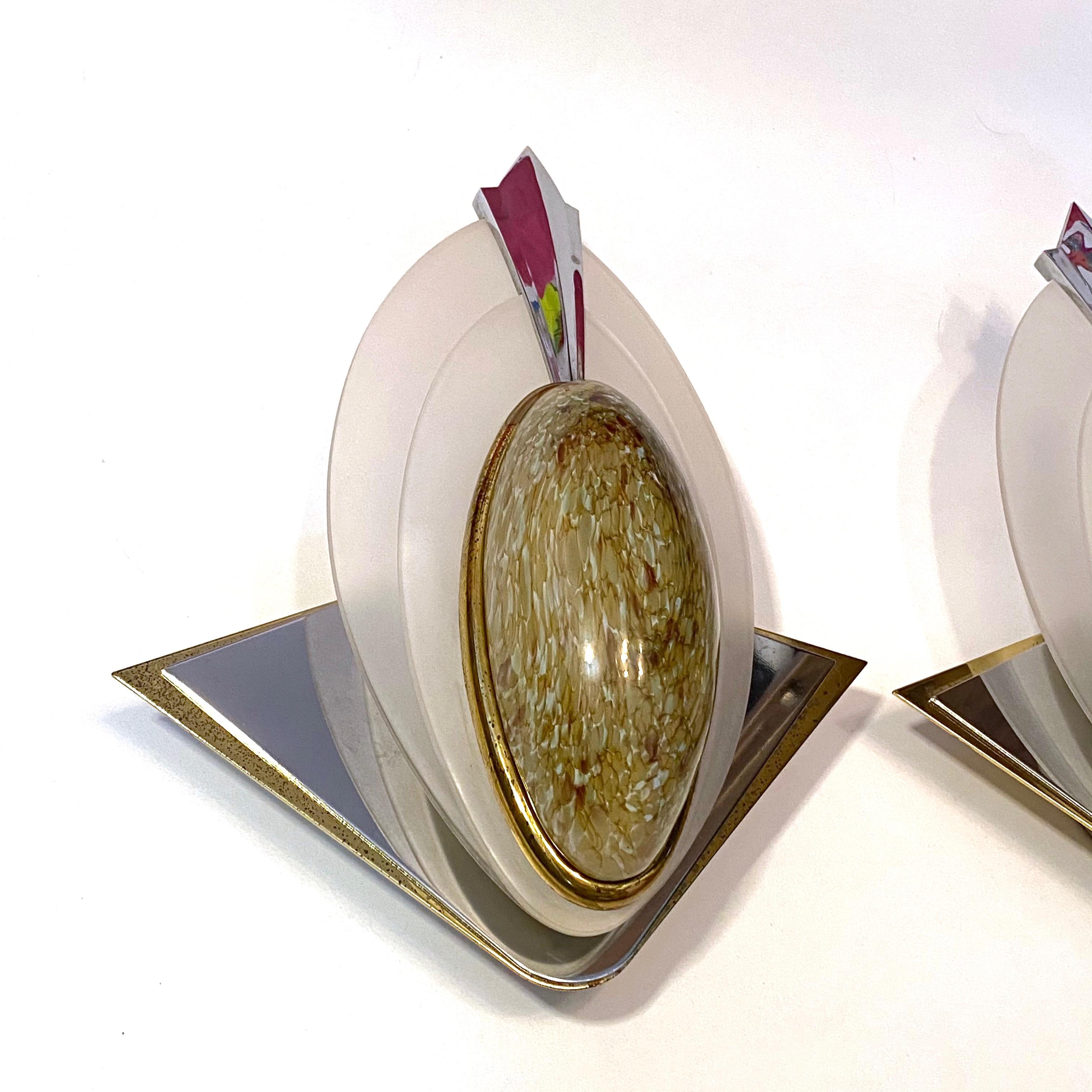 Pair of Art Deco Style Glass, Chrome and Brass Sconces Vintage, German, 1970s For Sale 2