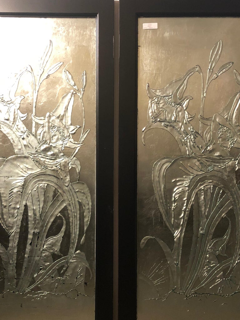 Pair of Art Deco Style Glass Etched Silvered Wall Decorations / Mirrors