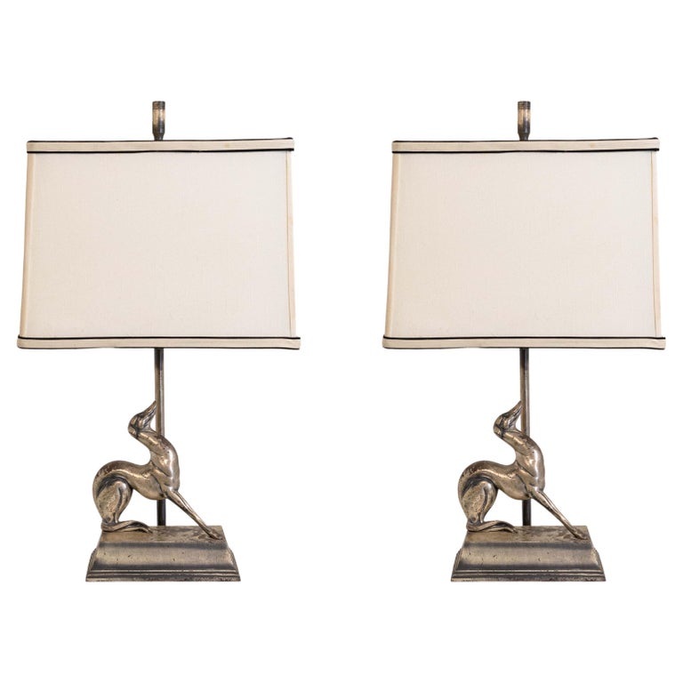 Pair of Art Deco Style Greyhound Metal Table Lamps For Sale at 1stDibs