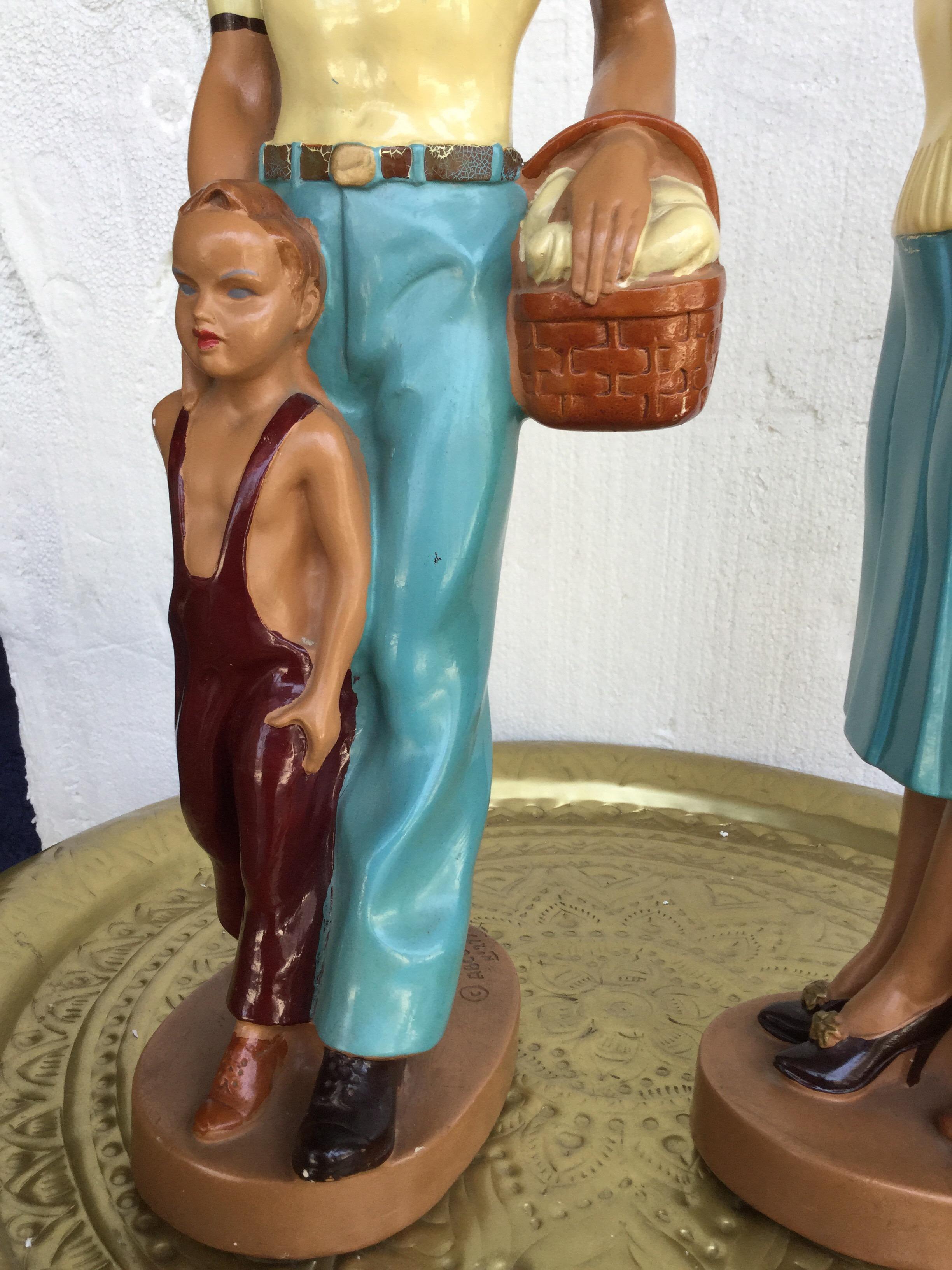 American Pair of Art Deco Style Hand Painted Figurines of Couple with Their Children For Sale