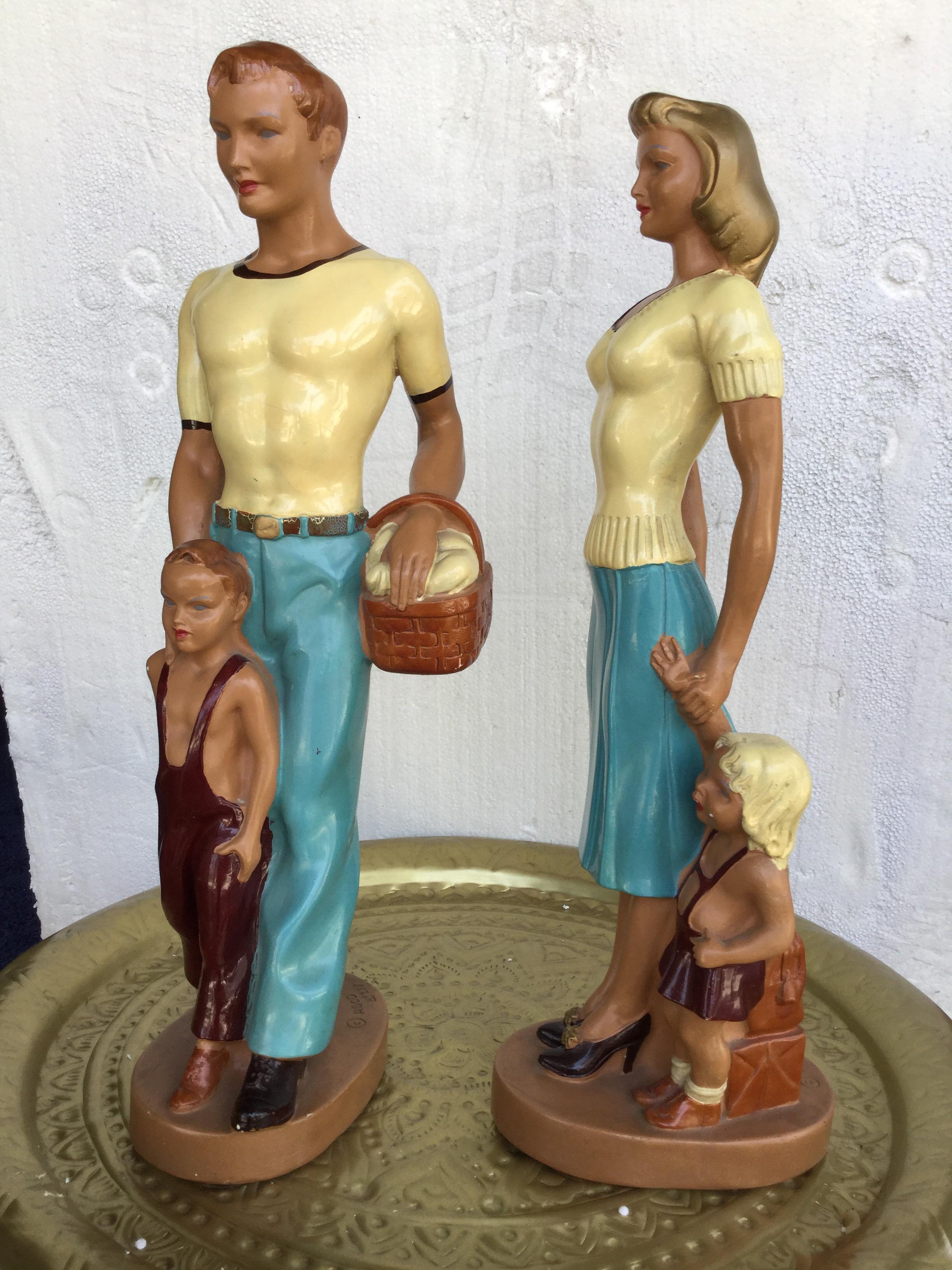 Hand-Painted Pair of Art Deco Style Hand Painted Figurines of Couple with Their Children For Sale