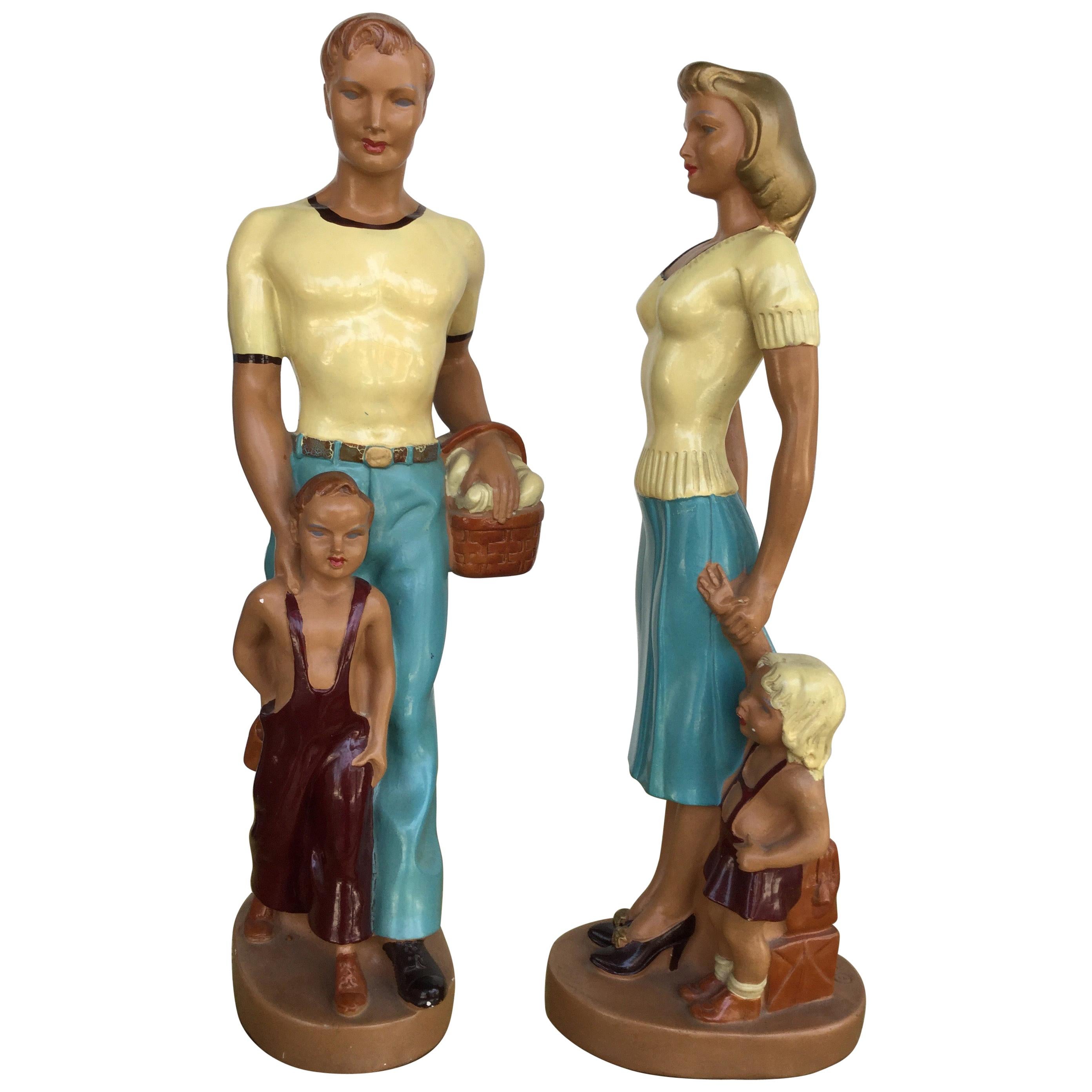 Pair of Art Deco Style Hand Painted Figurines of Couple with Their Children For Sale