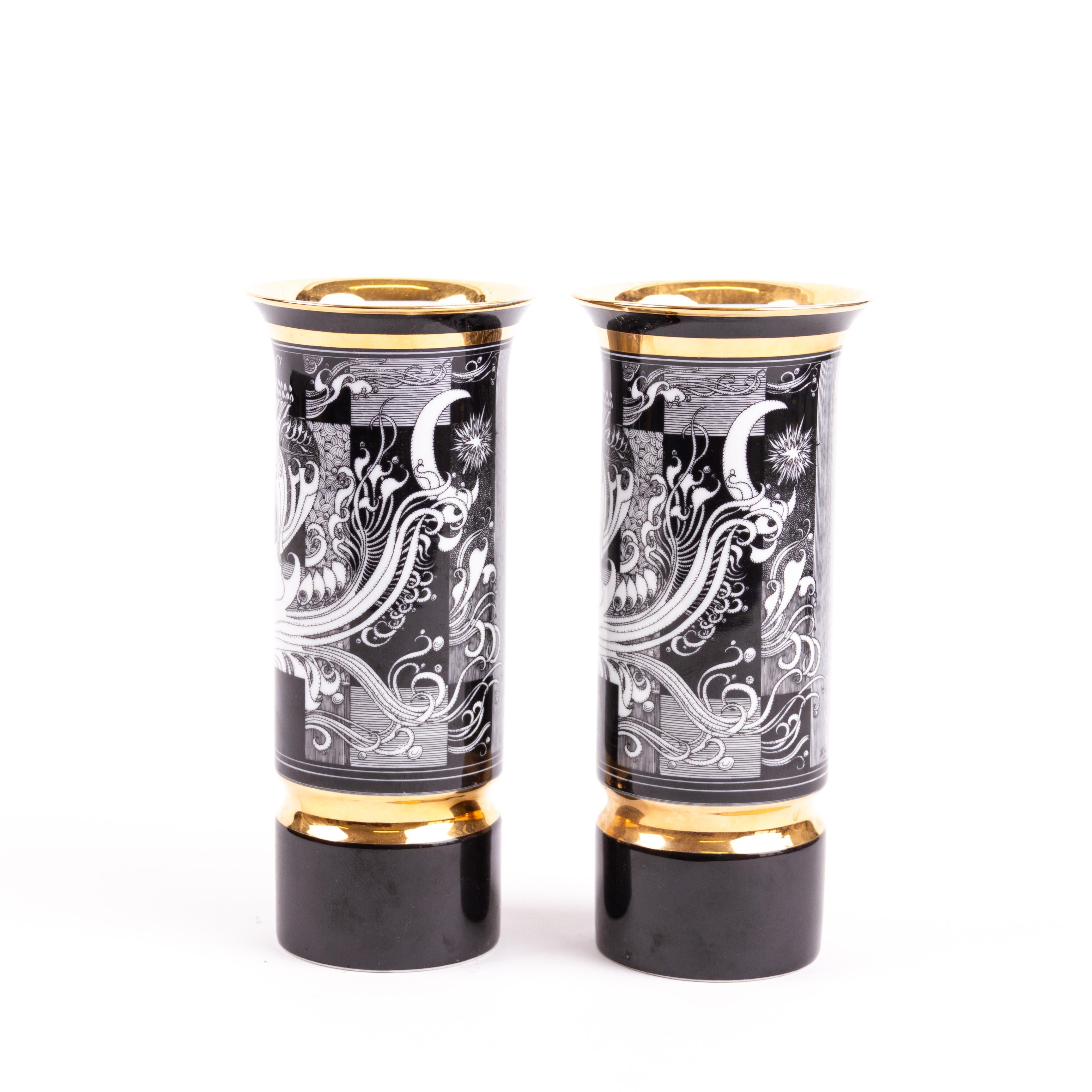 20th Century Pair of Art Deco Style Hungarian 24KT Gold Porcelain Vases by Jurcsák László