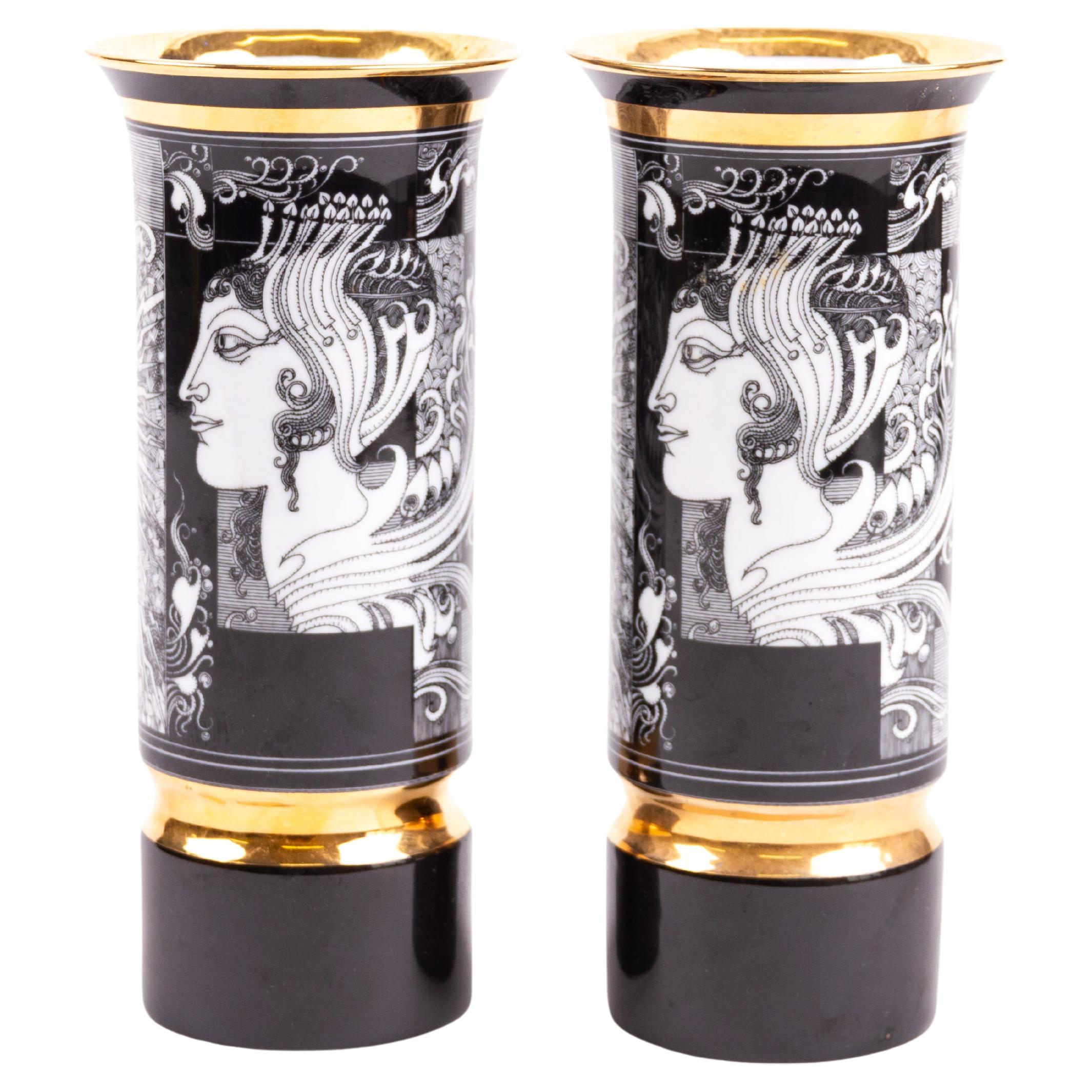 Pair of Art Deco Style Hungarian 24KT Gold Porcelain Vases by Jurcsák László
