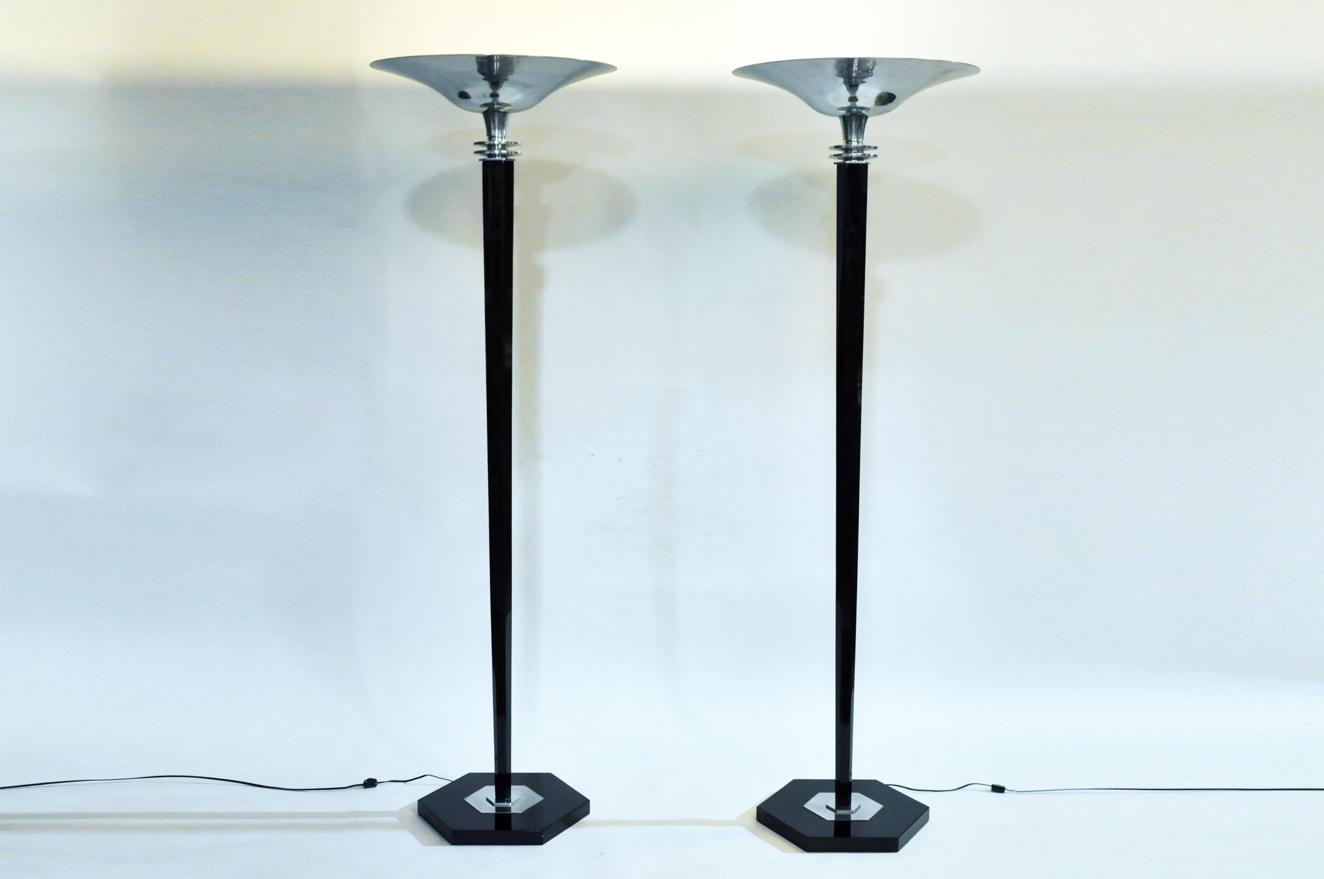 Elegant eye-catching pair of Art Deco style floor lamps. Newly wired to be use in the U.S. 
      