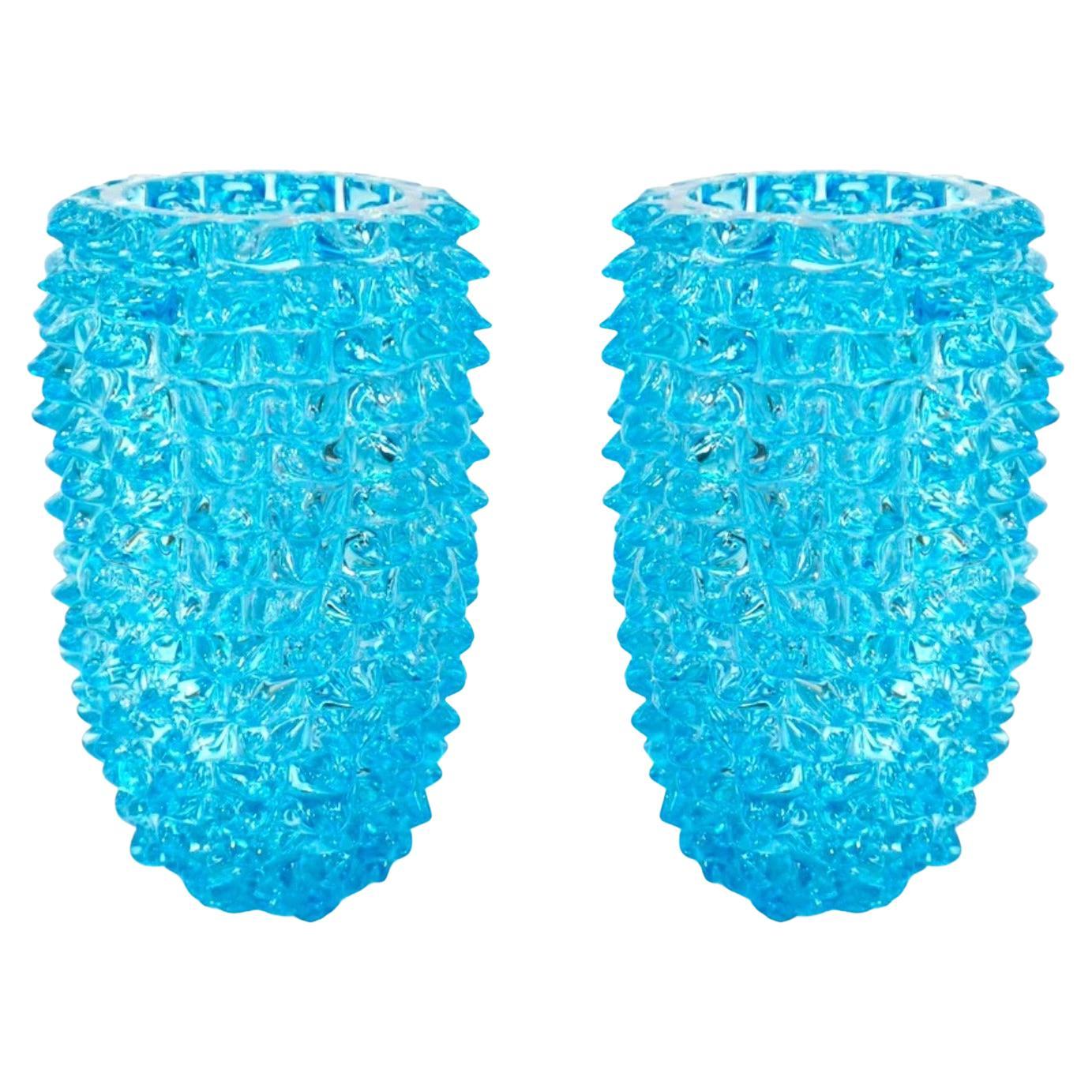 Pair of Art Deco Style Italian Aquamarine Murano Glass Centerpiece Vases