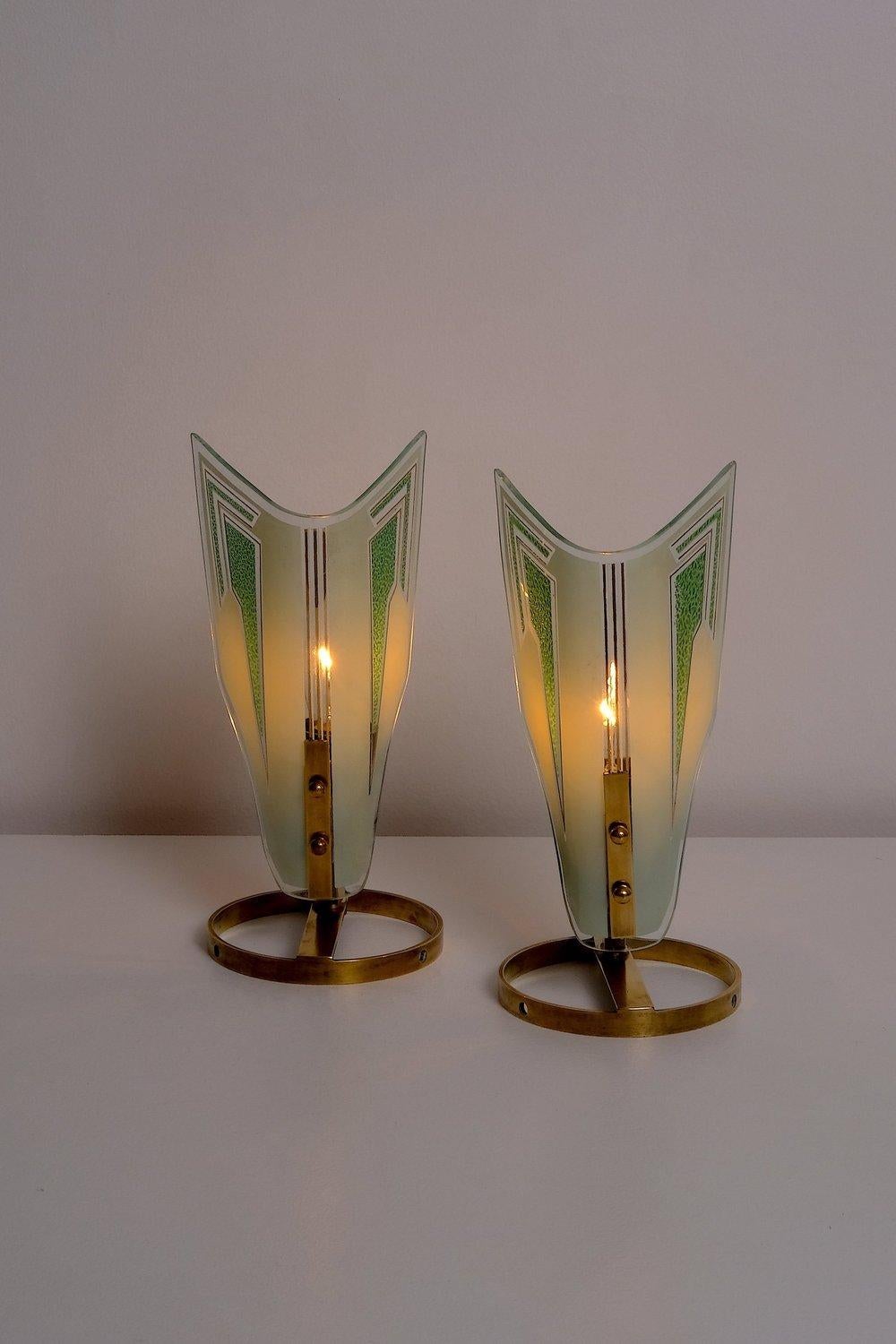 Art Deco style Mid Century table lamps made in Italy in the 1950’s. Etched glass on brass body. 20 to 40 watt E-14 (European bulb) or higher if LED/CFL.
 