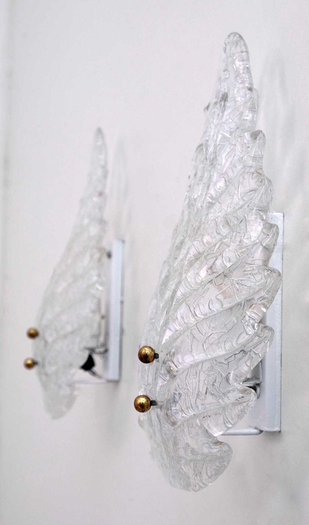 Pair of Art Deco Style Italian Murano Glass Leaf and Wall Sconces, 1950s 1
