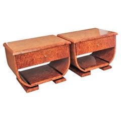 Pair of Art Deco Style Italian Walnut Burl and Brass Nightstands