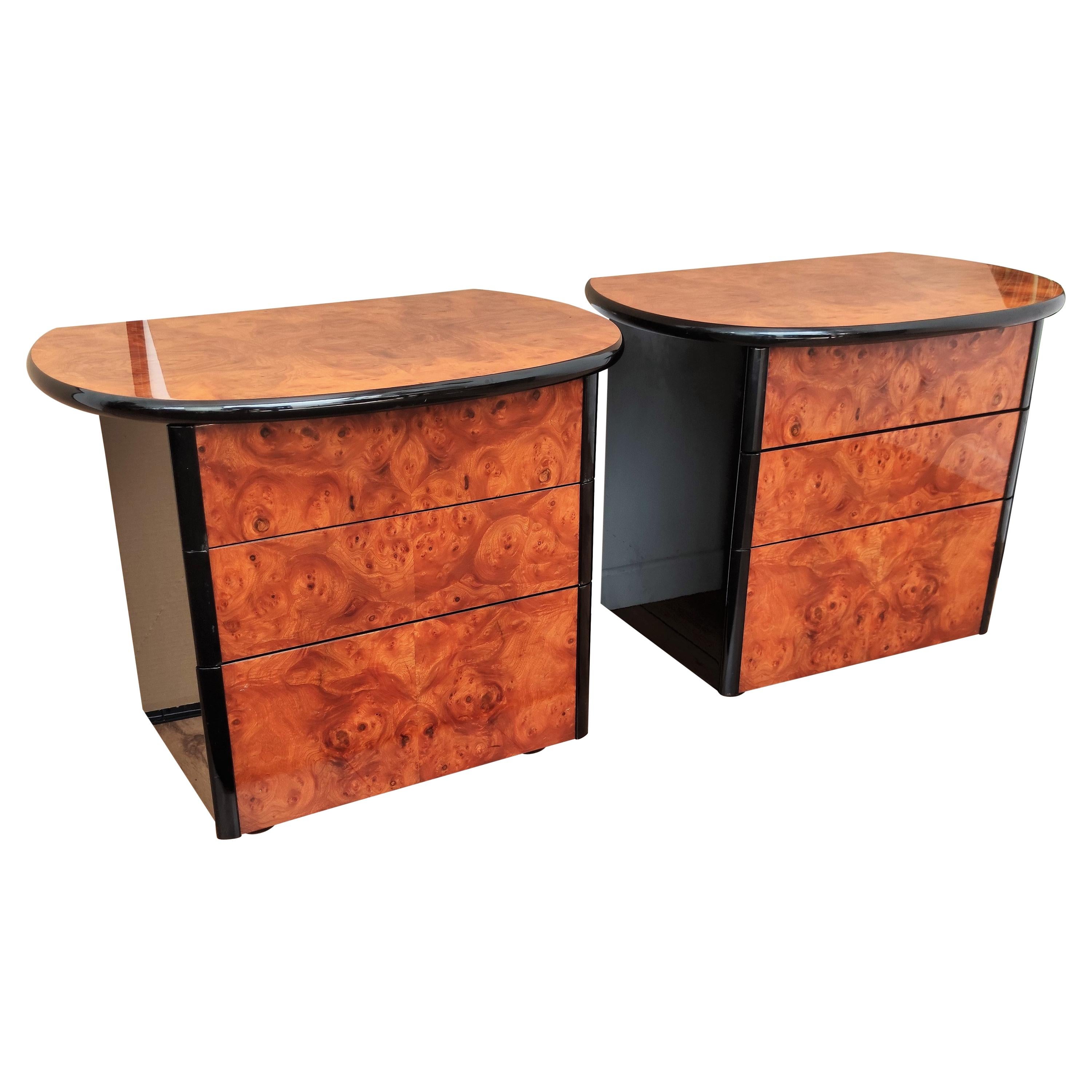Pair of Art Deco Style Italian Walnut Burl and Lacquered Black Nightstands