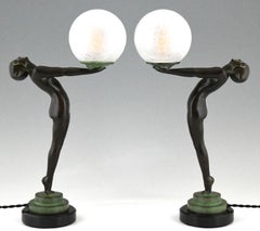 Pair of Art Deco Style Lamps Clarté Standing Nude with Globe by Max Le Verrier