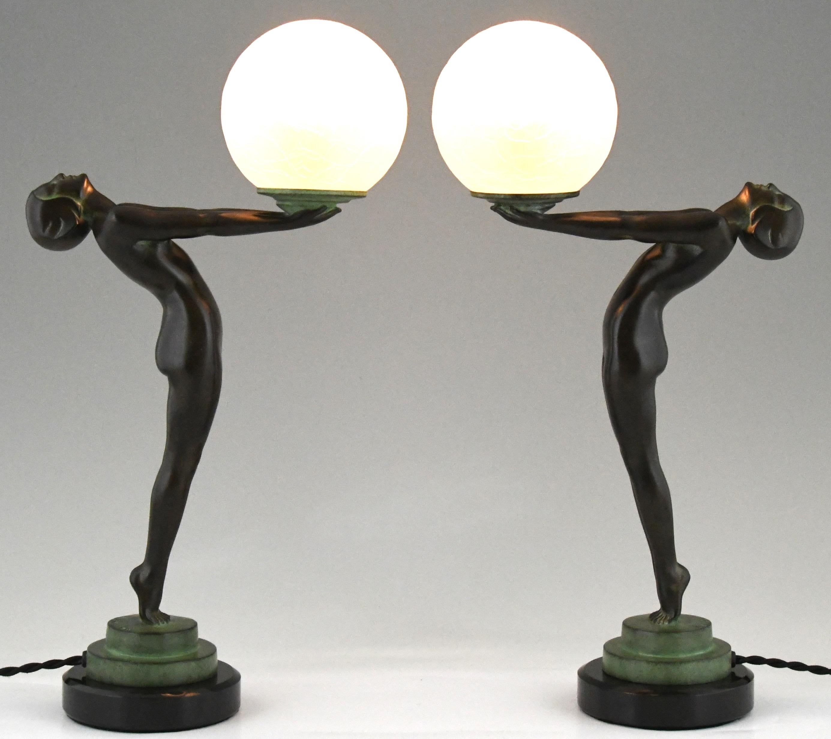Pair of Art Deco Style Lamps Clarté Standing Nude with Globe by Max Le Verrier In New Condition For Sale In Antwerp, BE