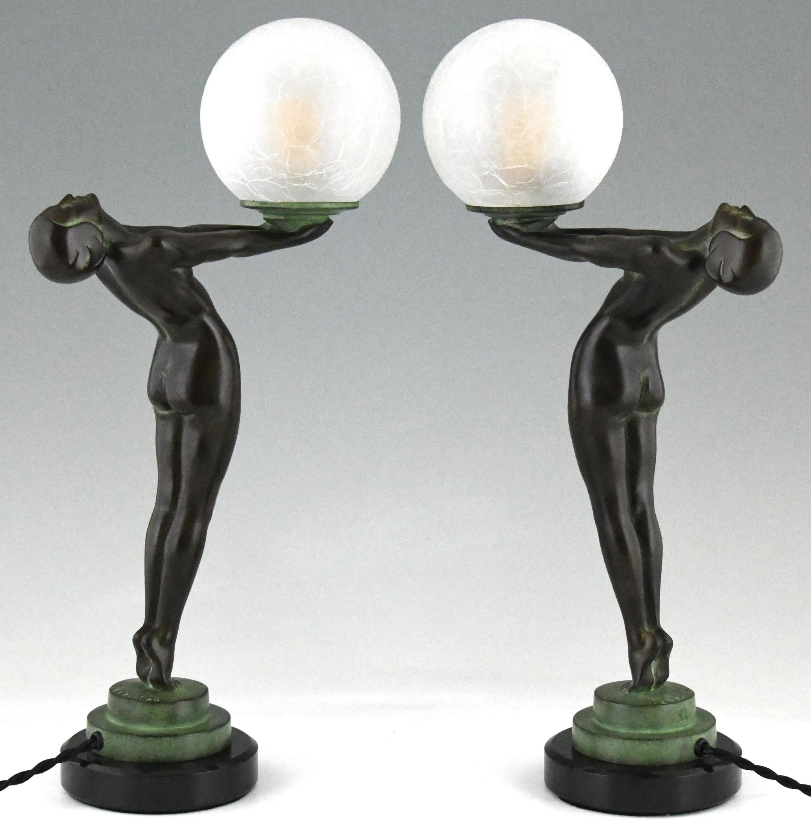 French Pair of Art Deco Style Lamps Clarté Standing Nude with Globe by Max Le Verrier