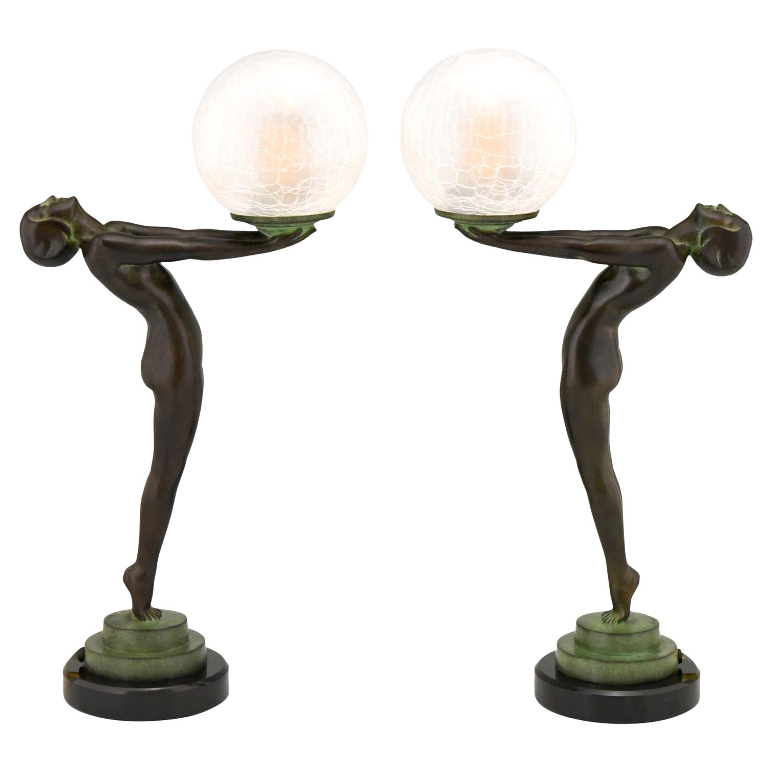 Pair of Art Deco Style Lamps Clarté Standing Nude with Globe by Max Le Verrier For Sale