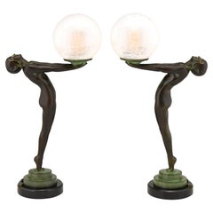 Pair of Art Deco Style Lamps Clarté Standing Nude with Globe by Max Le Verrier