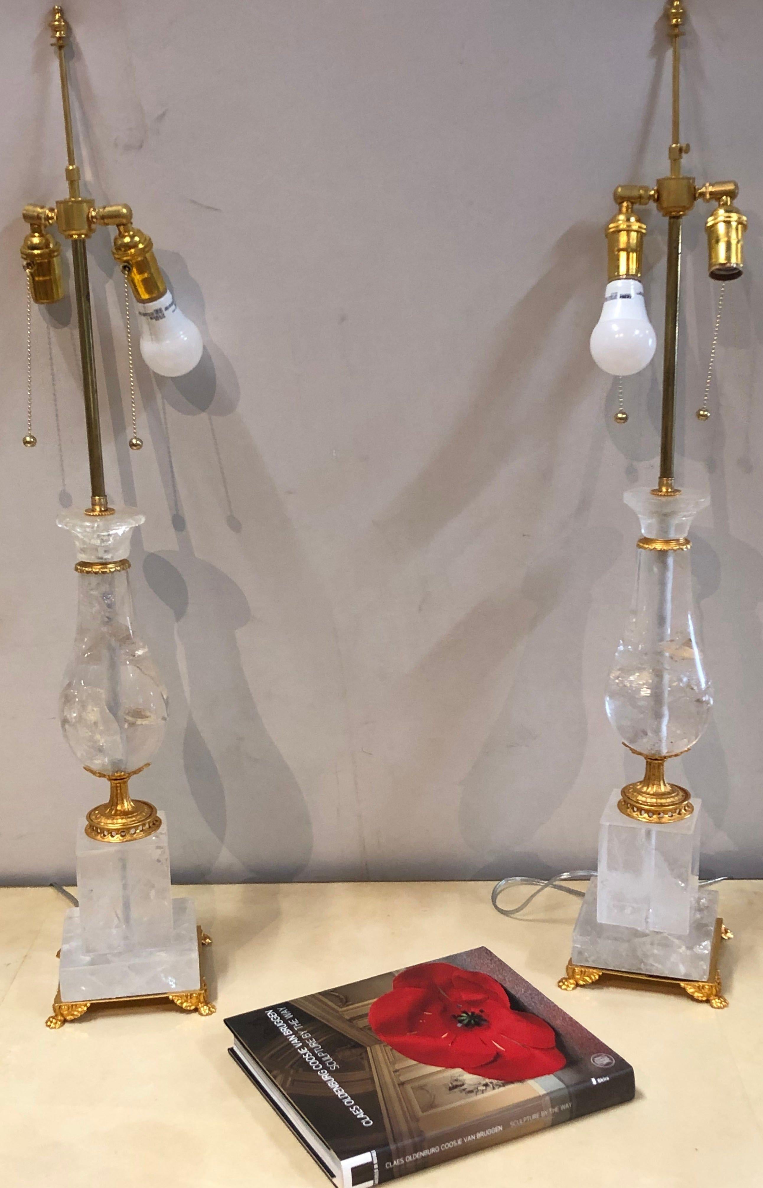 20th Century Pair of Art Deco Style Large Rock Crystal and Brass Urn on Base Form Table Lamps