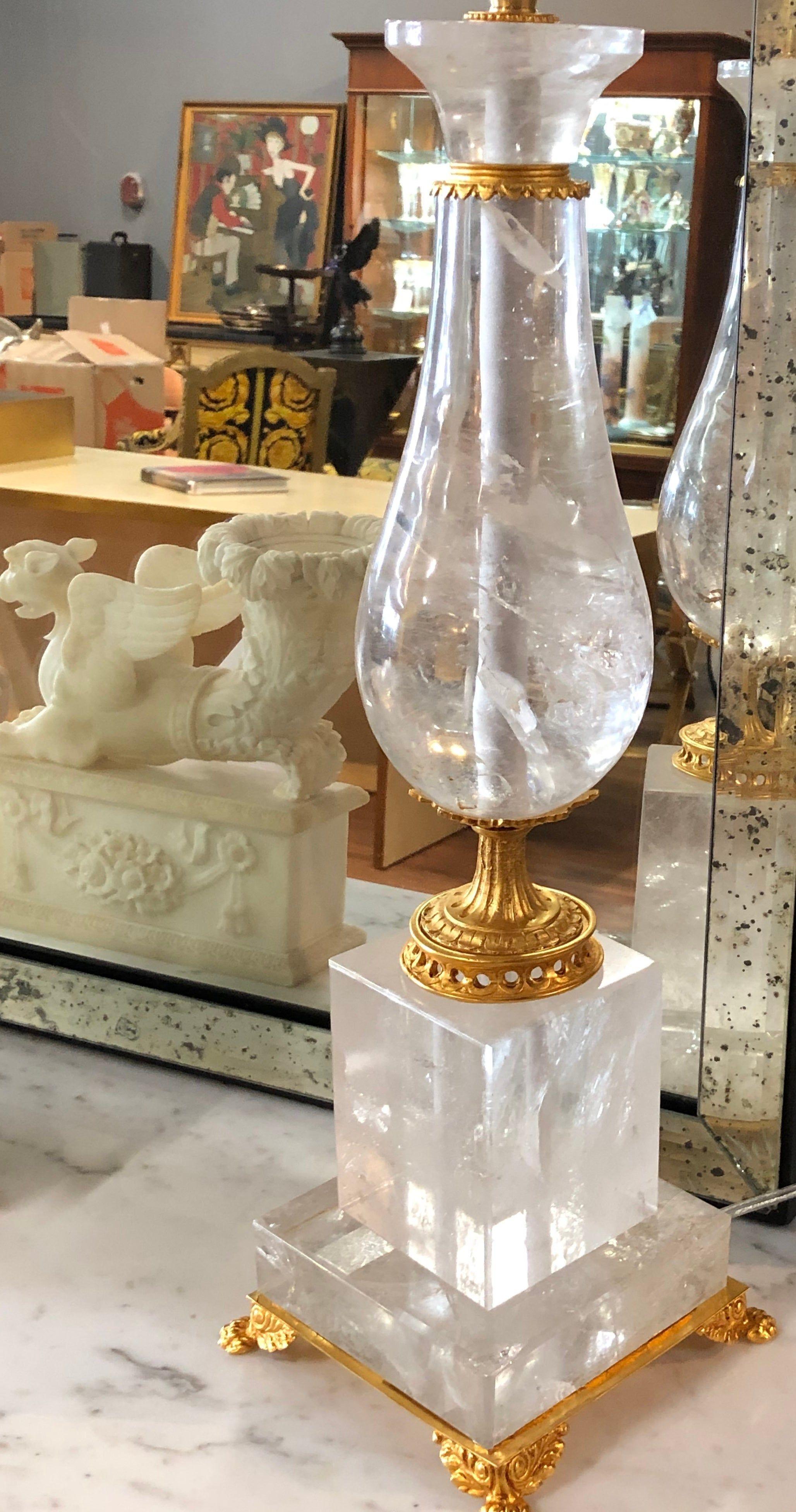 Pair of Art Deco Style Large Rock Crystal and Brass Urn on Base Form Table Lamps 3