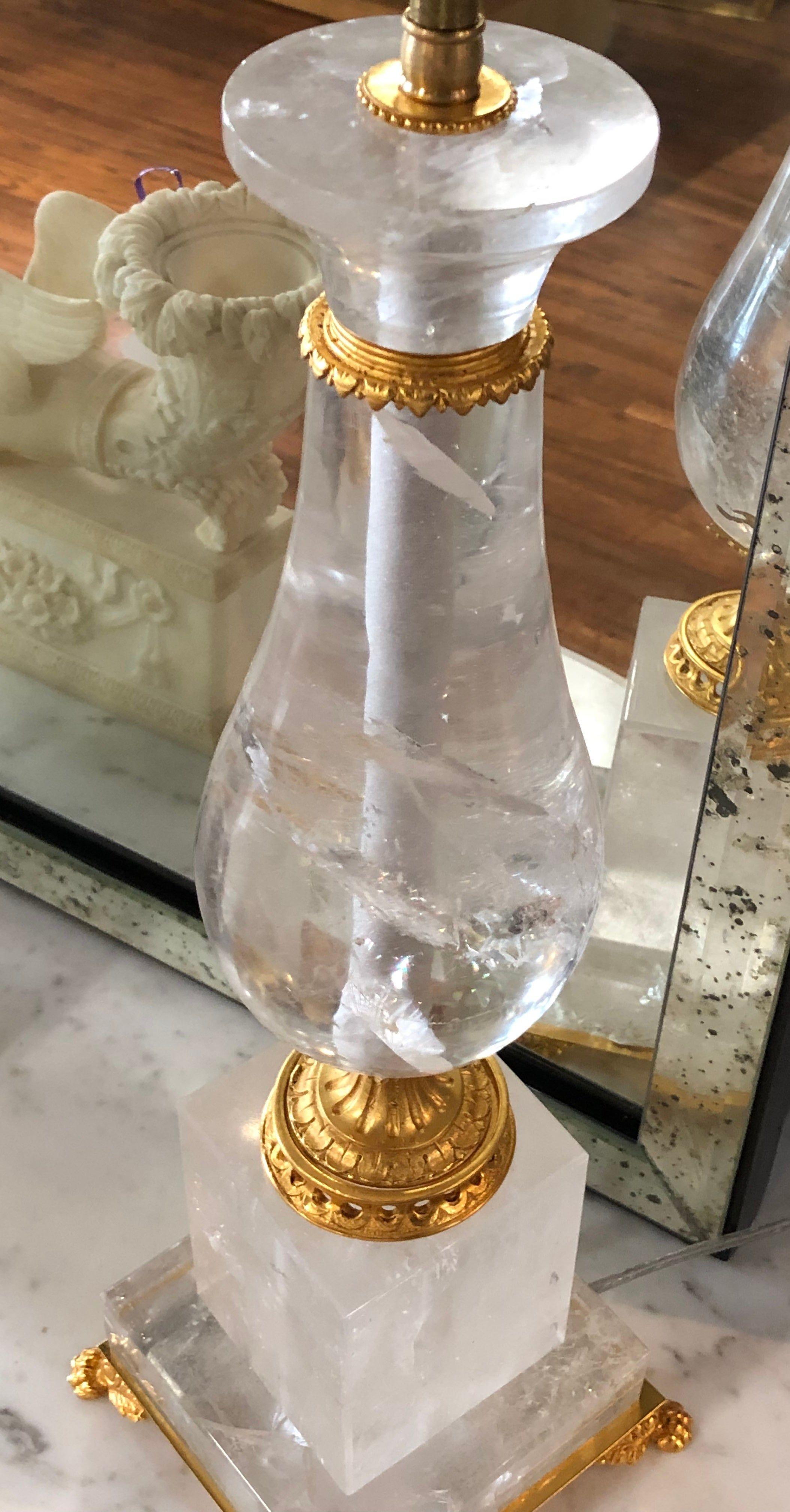 Pair of Art Deco Style Large Rock Crystal and Brass Urn on Base Form Table Lamps 4