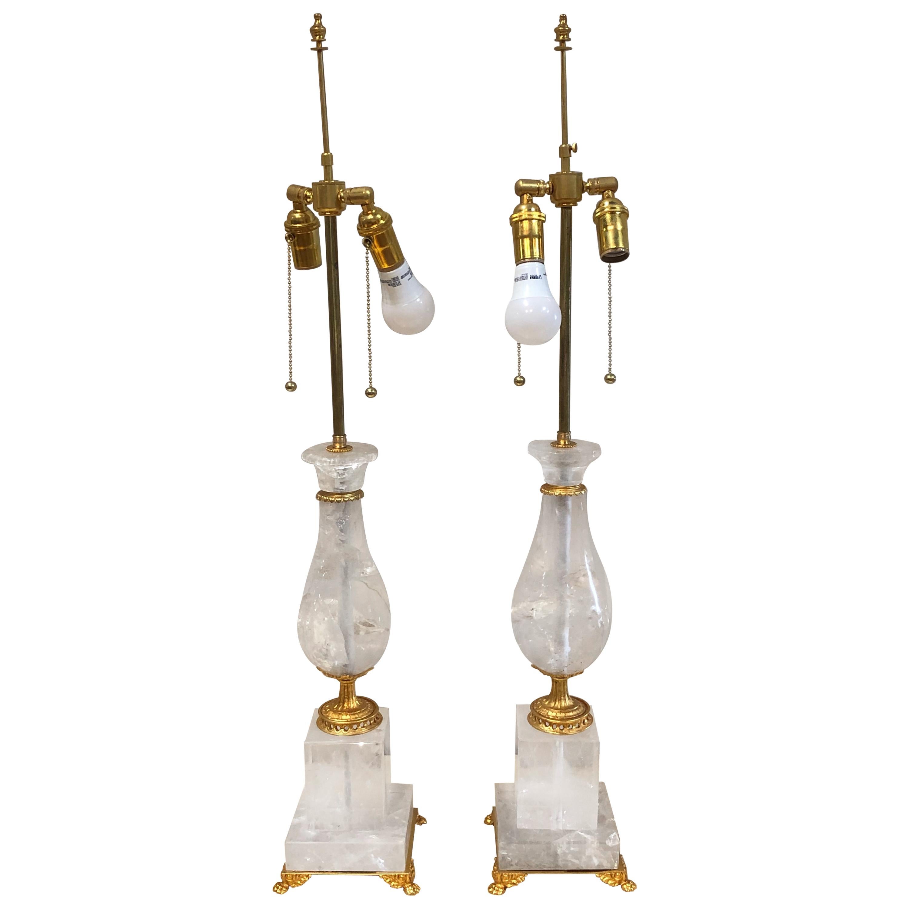 Pair of Art Deco Style Large Rock Crystal and Brass Urn on Base Form Table Lamps