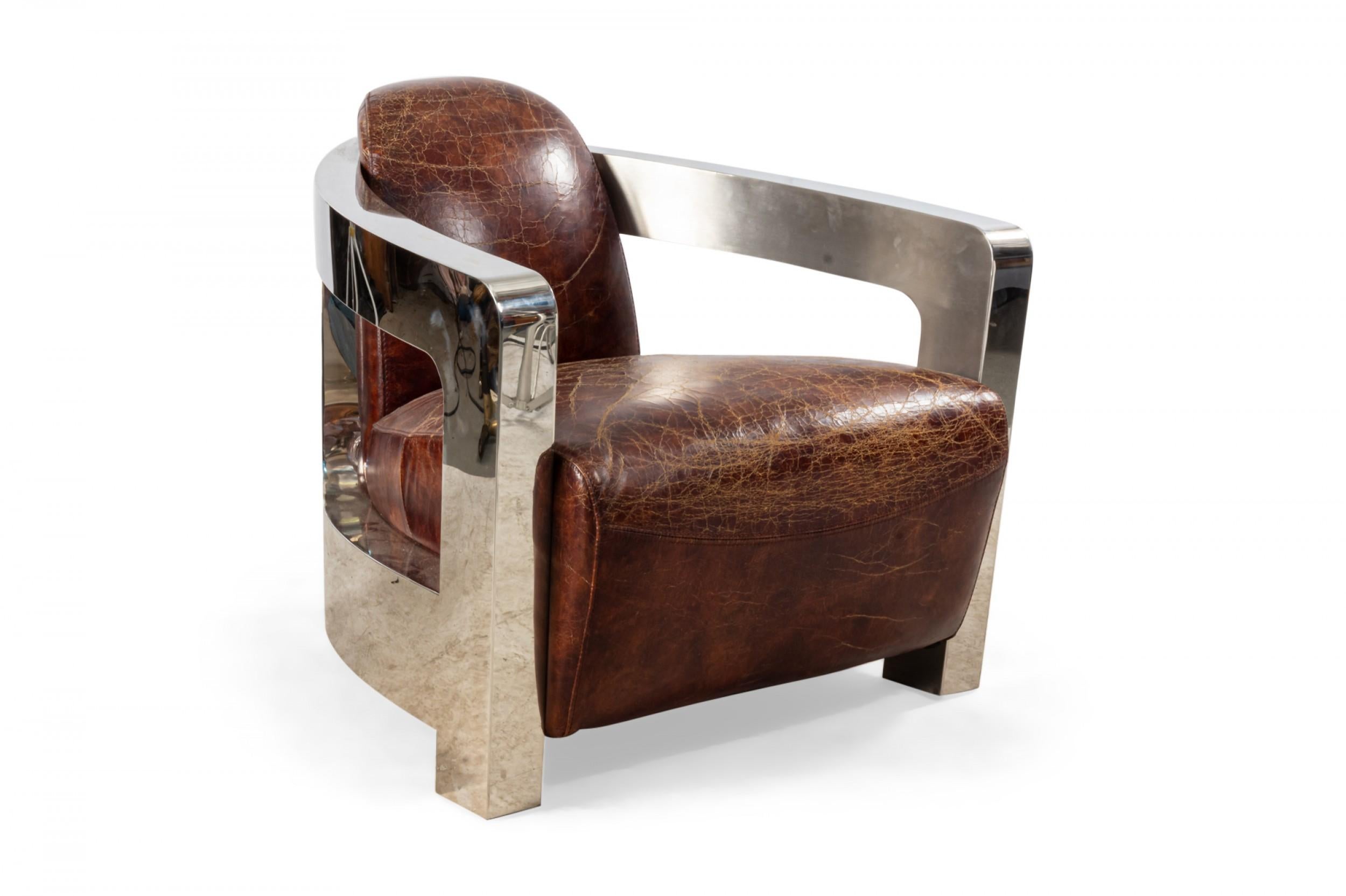 Paire de chaises longues de style Art déco en cuir et chrome en vente 2