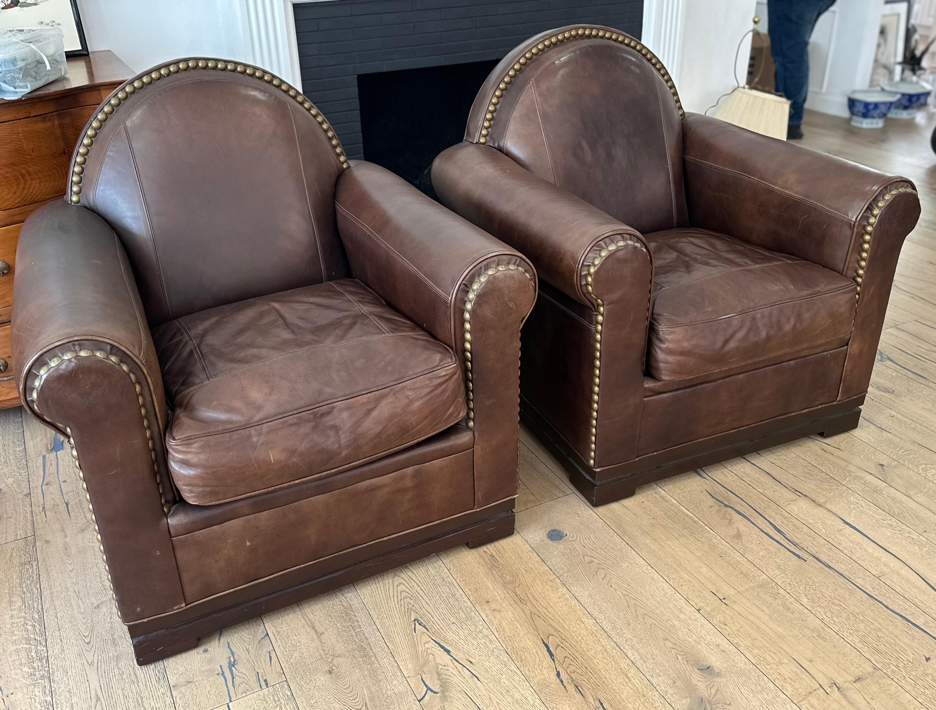 American Pair of Art Deco Style Leather Club Chairs by Mulholland Brothers For Sale
