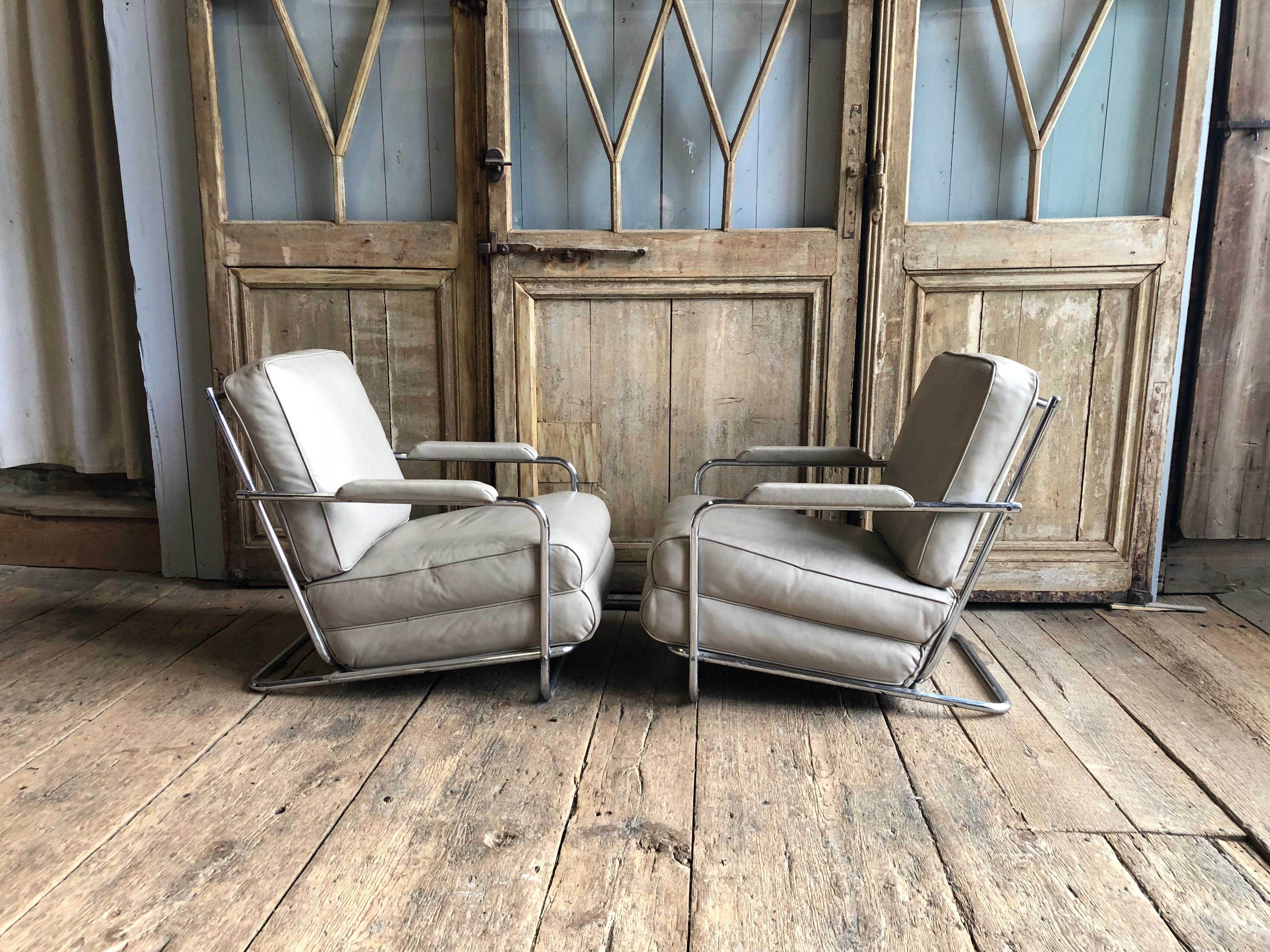 Art Deco Pair of Gilbert Rohde Lounge Chairs In Chrome and Leather
