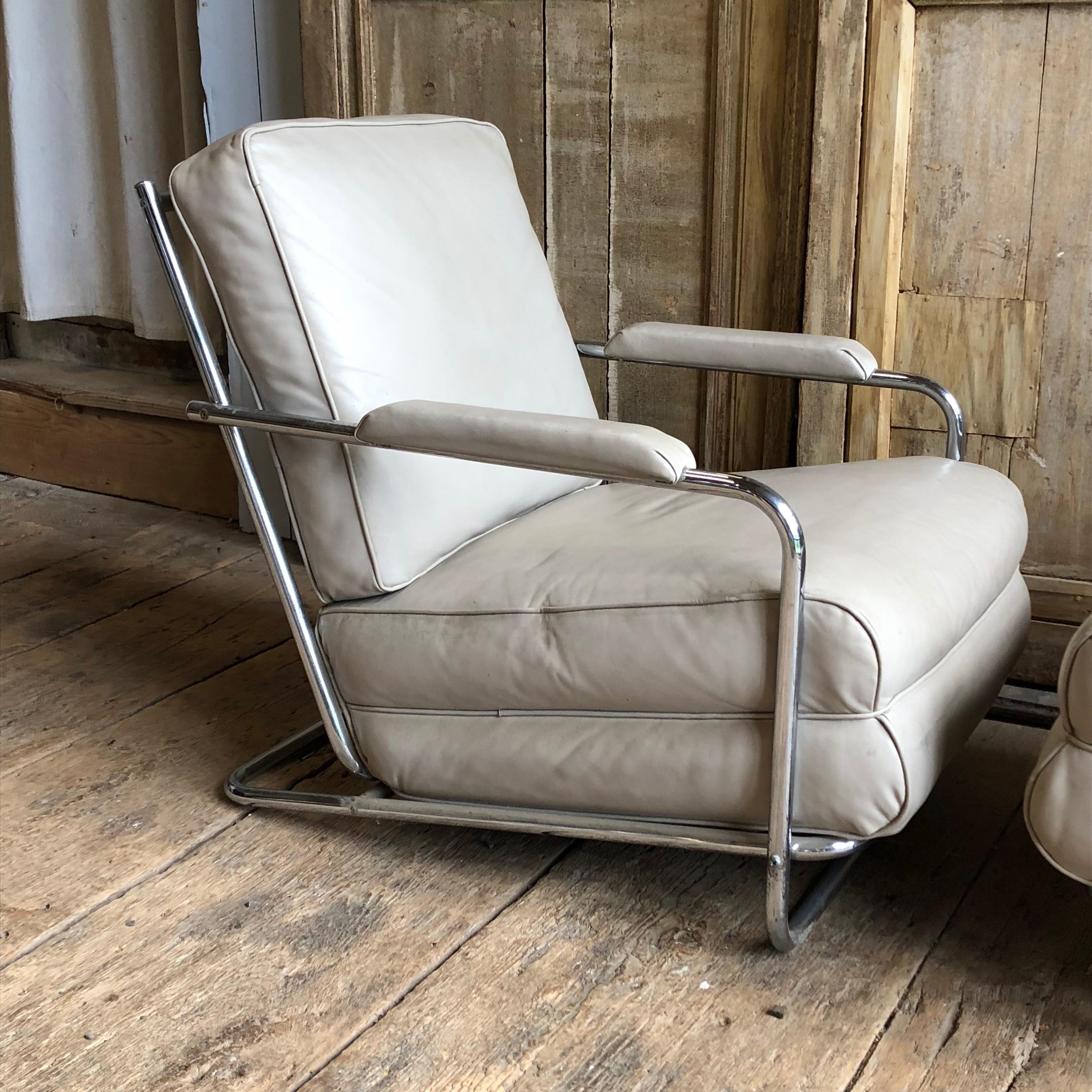 French Pair of Gilbert Rohde Lounge Chairs In Chrome and Leather