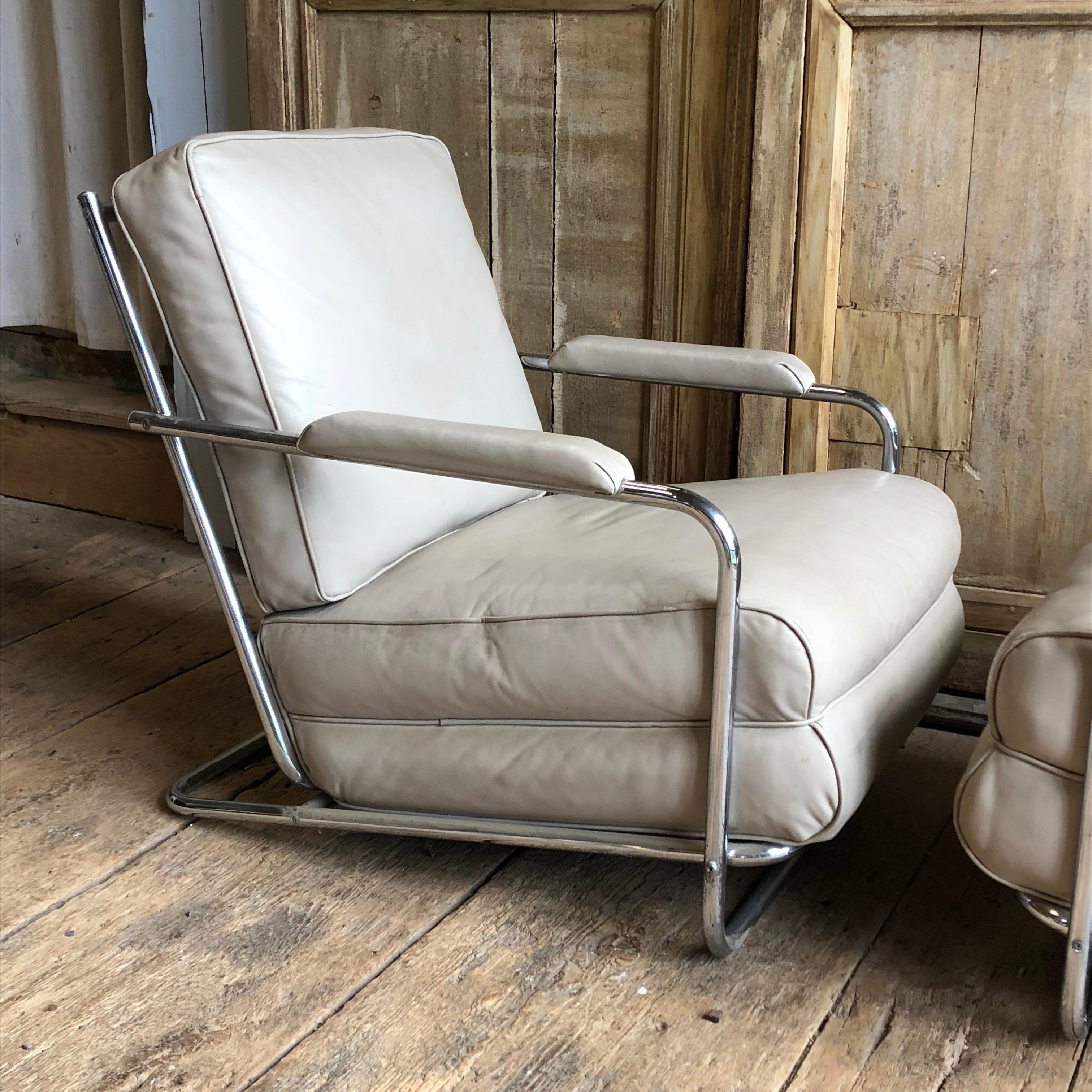 Pair of Gilbert Rohde Lounge Chairs In Chrome and Leather In Good Condition In Doylestown, PA