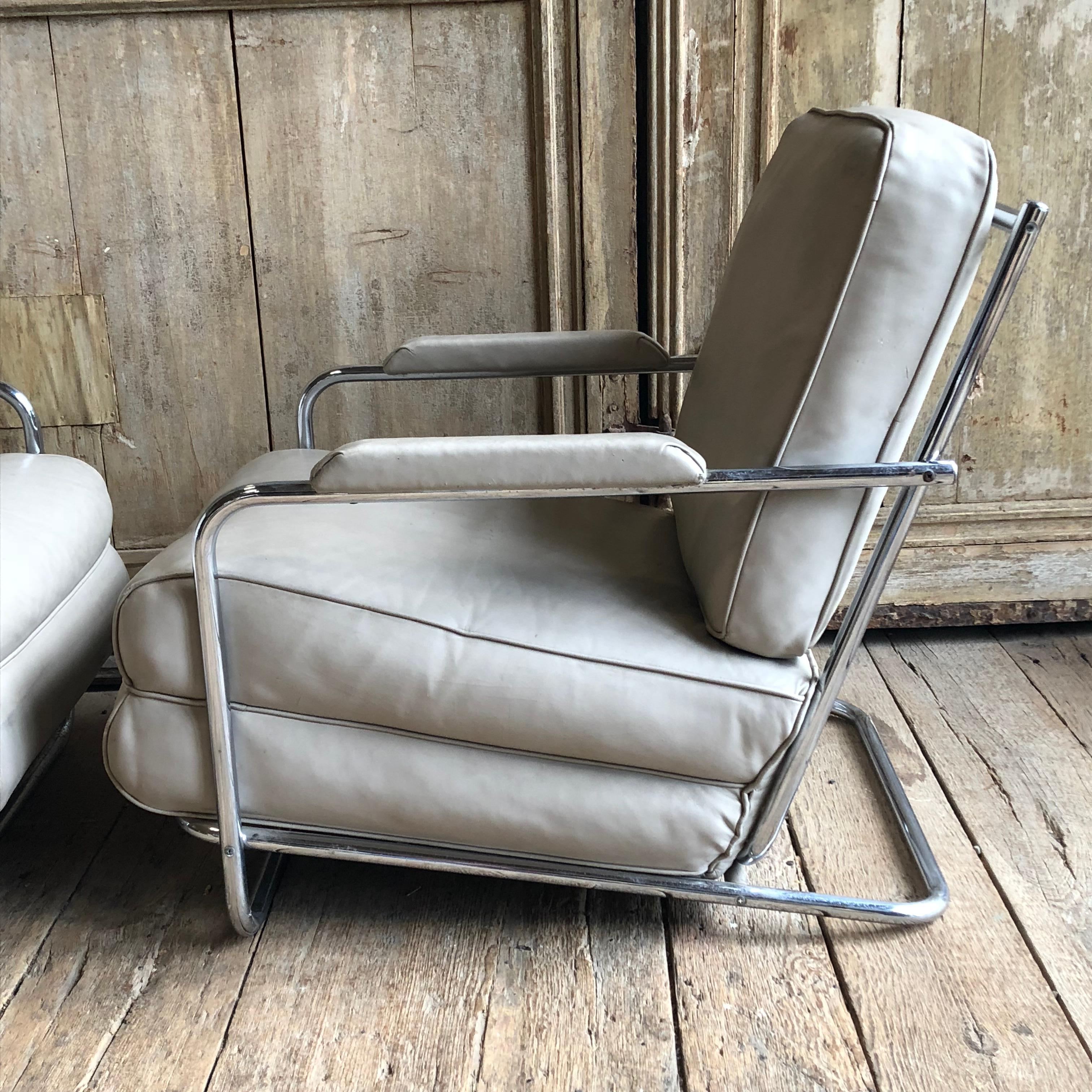 20th Century Pair of Gilbert Rohde Lounge Chairs In Chrome and Leather