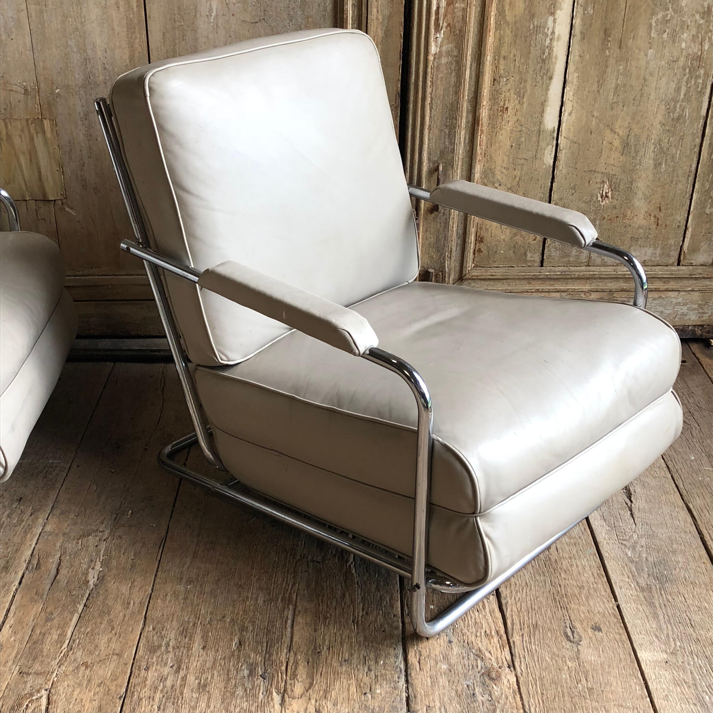 Steel Pair of Gilbert Rohde Lounge Chairs In Chrome and Leather