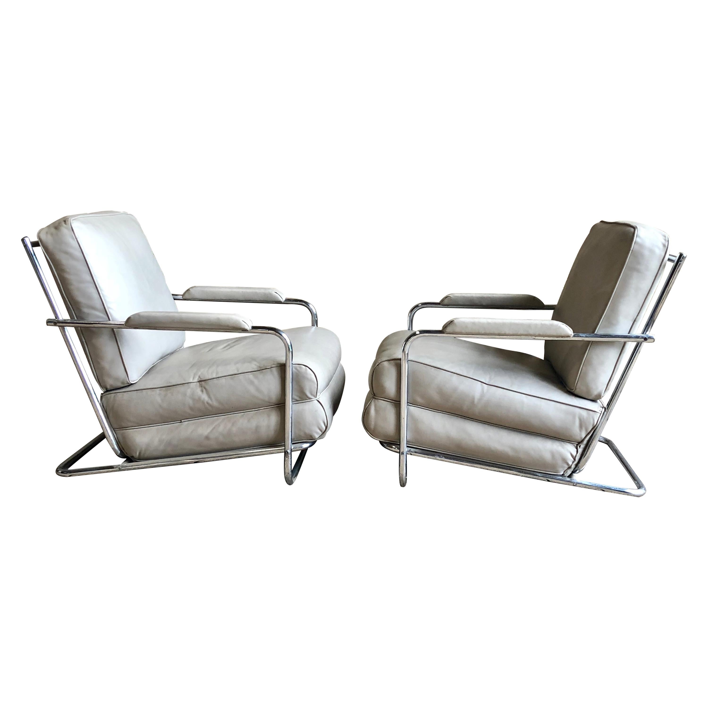 Pair of Gilbert Rohde Lounge Chairs In Chrome and Leather