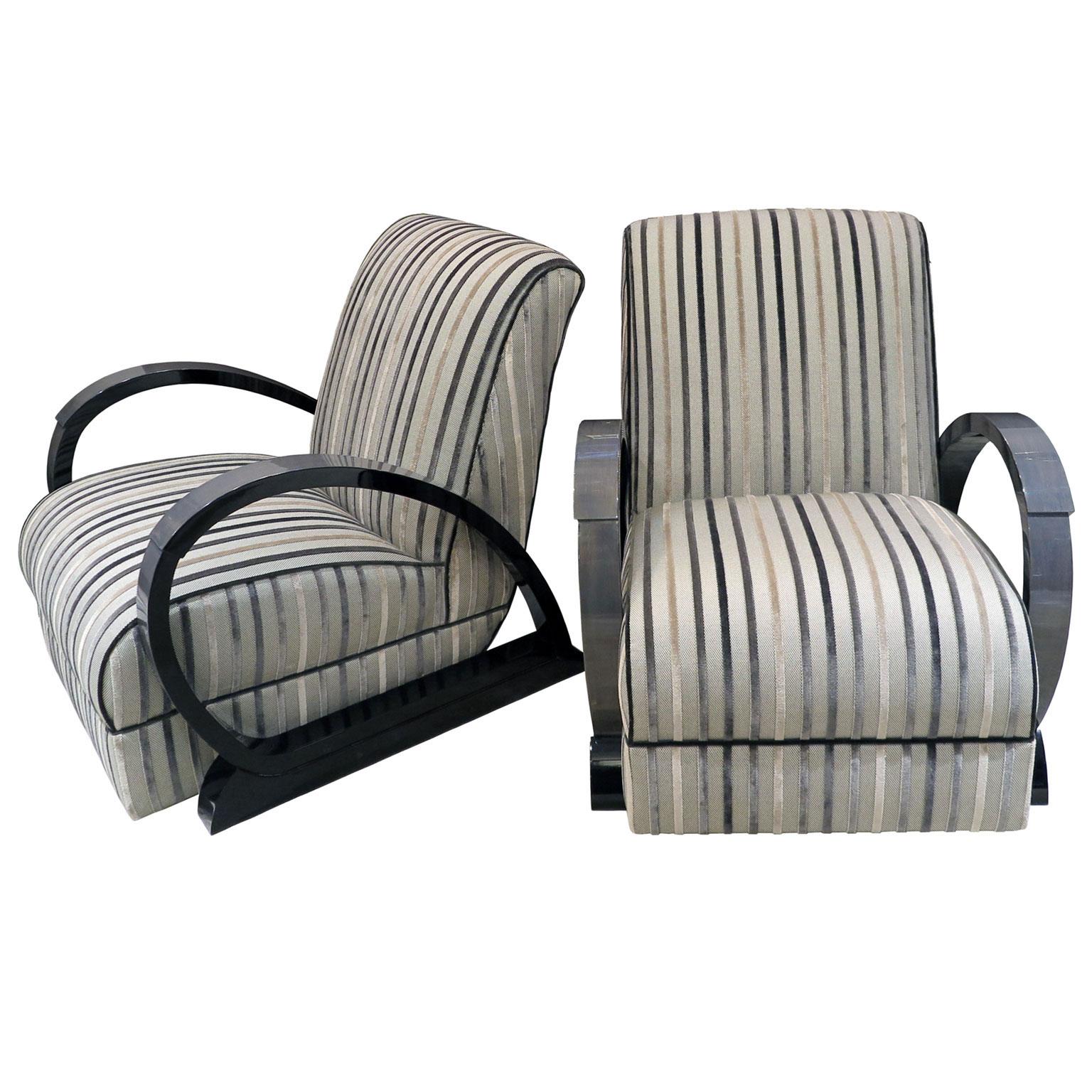 Pair of Art Deco Style Lounge Chairs in Grey Maple with Black Lacquer 1