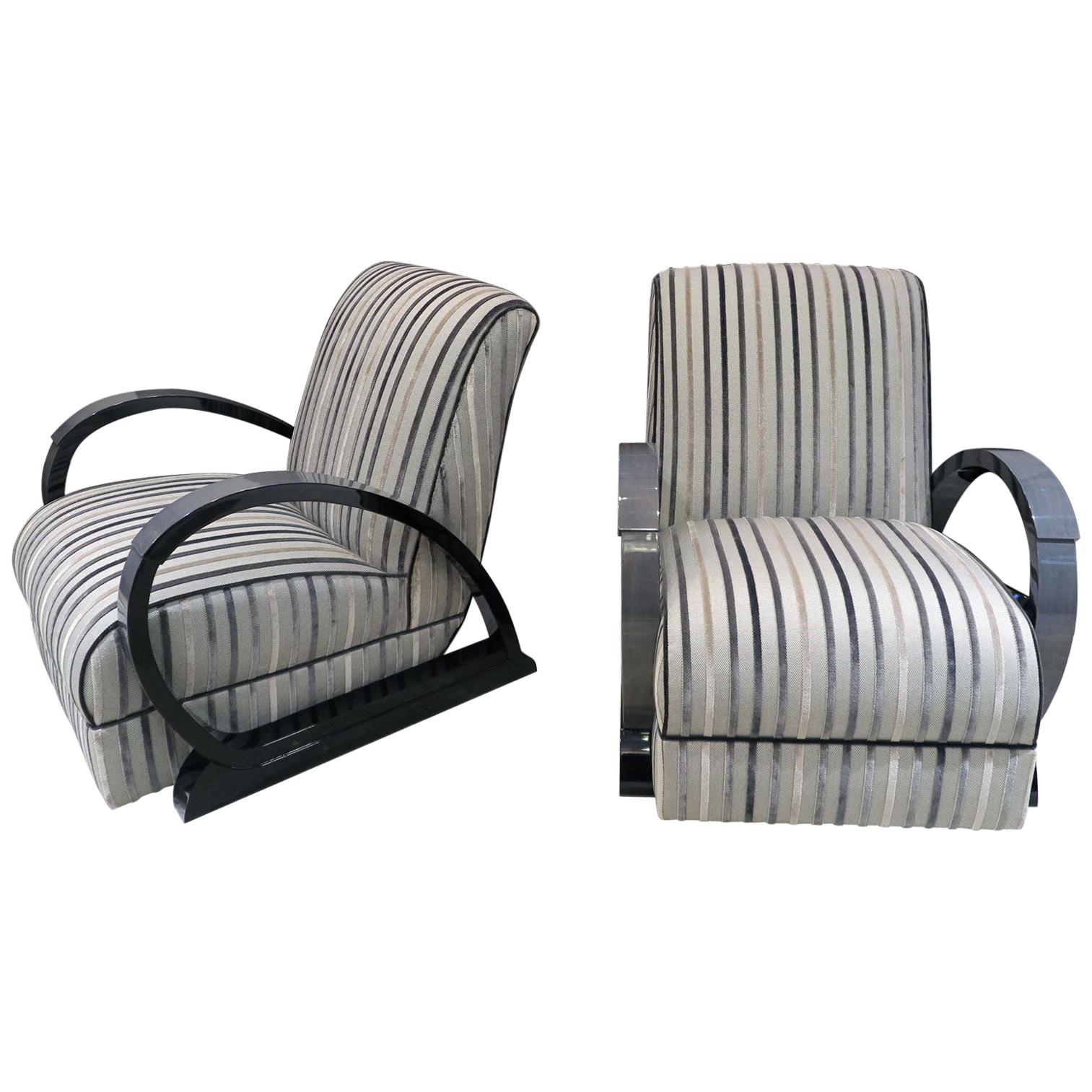 Pair of Art Deco Style Lounge Chairs in Grey Maple with Black Lacquer