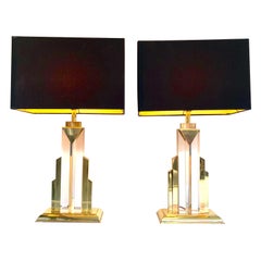 Pair of Art Deco Style Lucite and Brass Skyscraper Lamps with Bespoke Shades