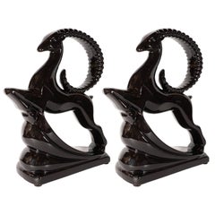 Vintage Pair of Art Deco Style Lustrous Black Ceramic Glazed Leaping Ibis Sculptures