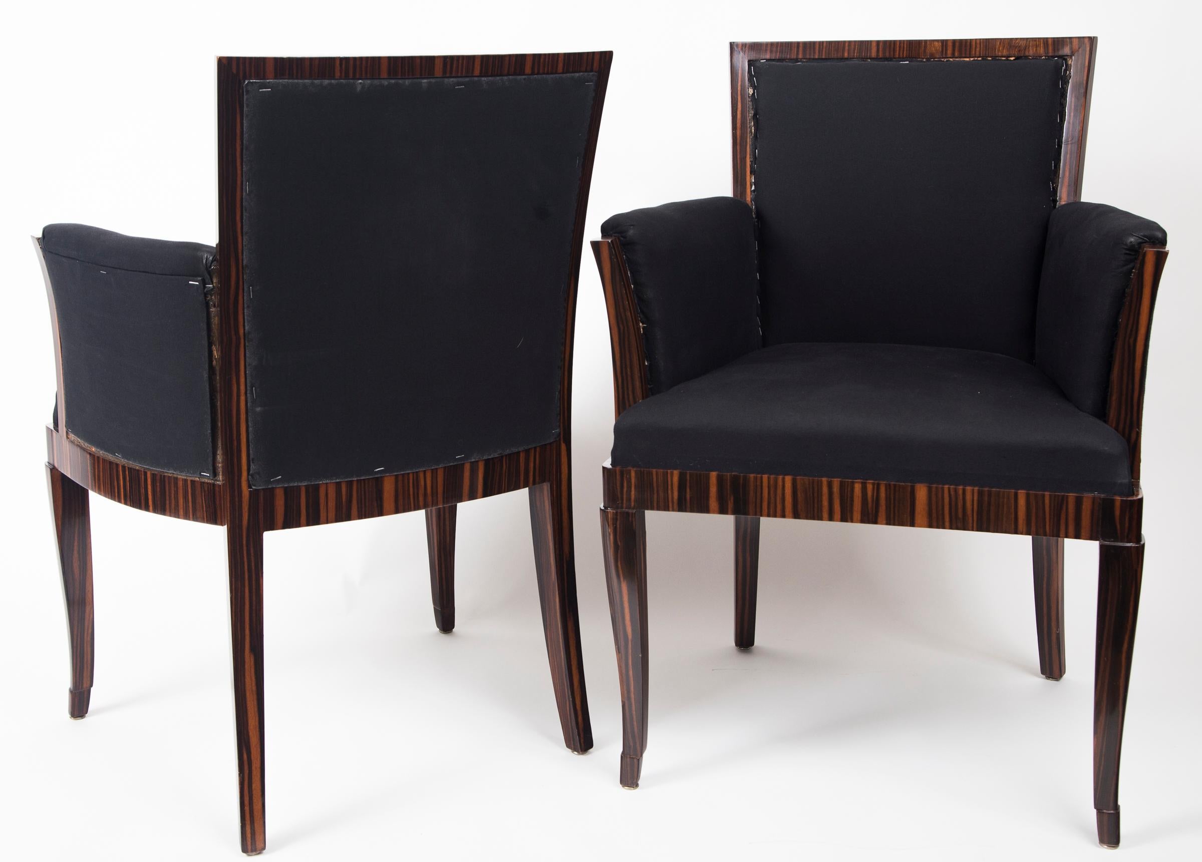 Italian Pair of Art Deco Style Makassar Ebony Upholstered Armchairs