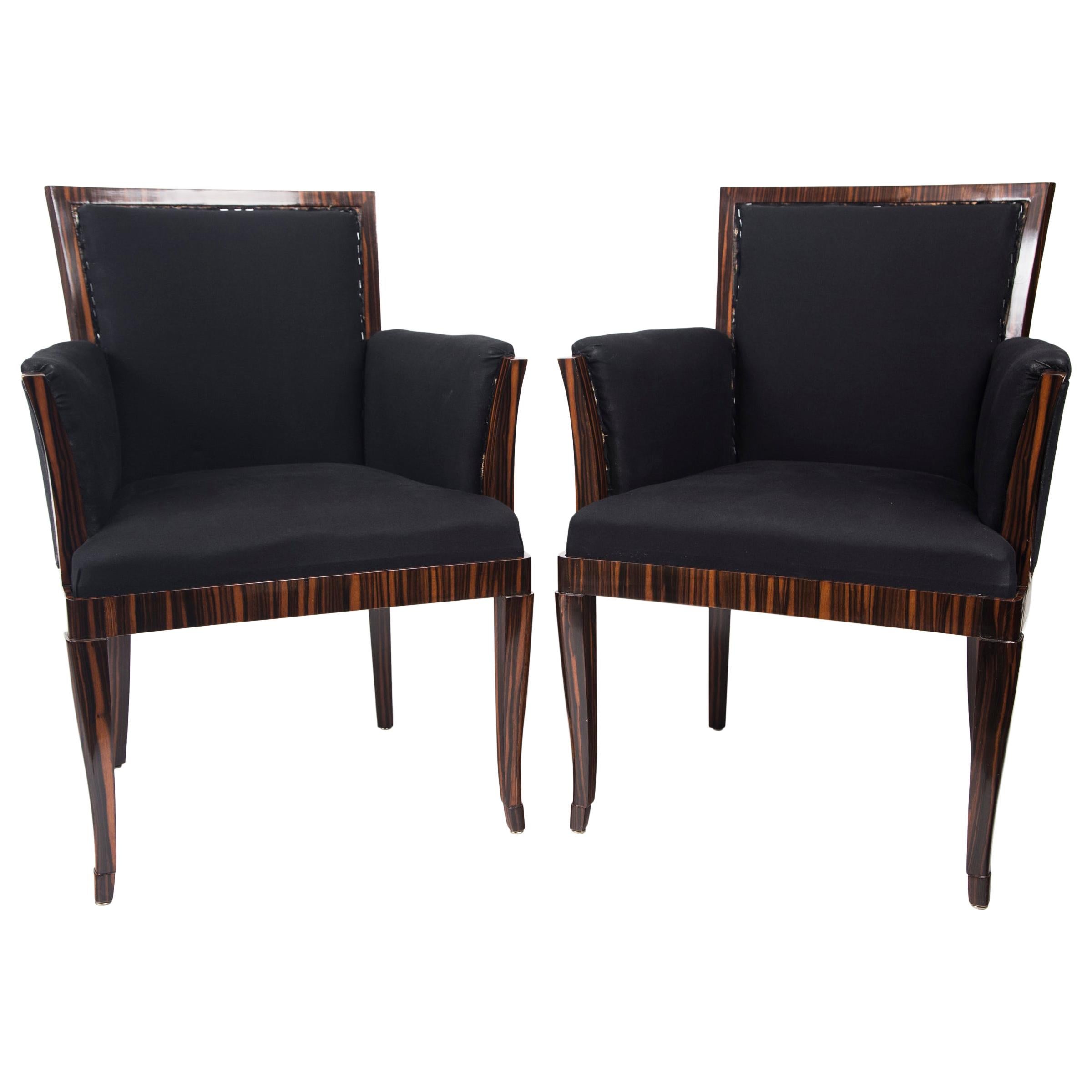 Pair of Art Deco Style Makassar Ebony Upholstered Armchairs