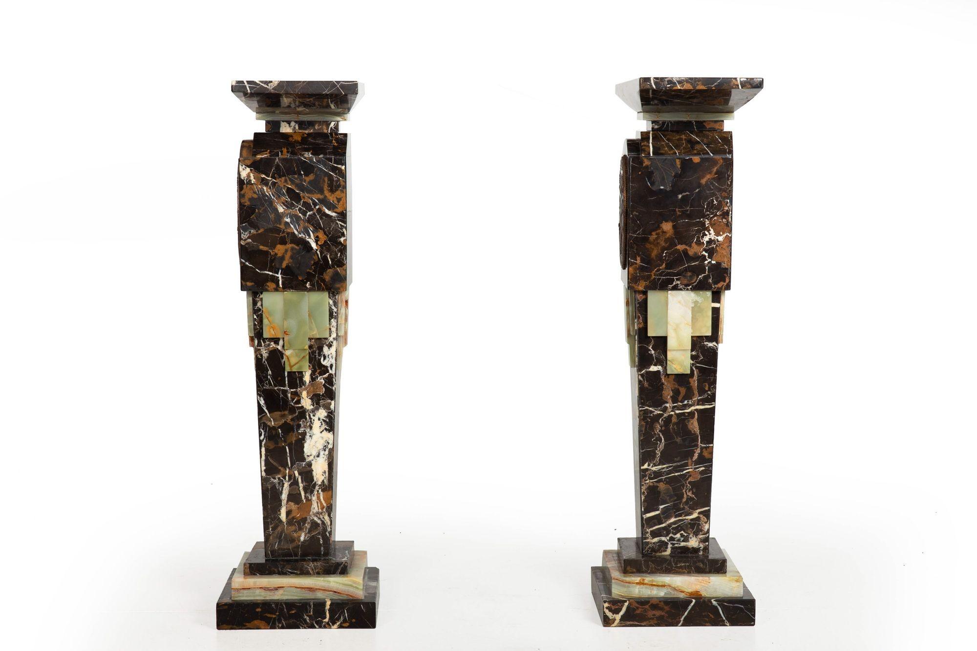 French Pair of Art Deco Style Marble & Onyx Pedestals Columns with Bronze Panels For Sale