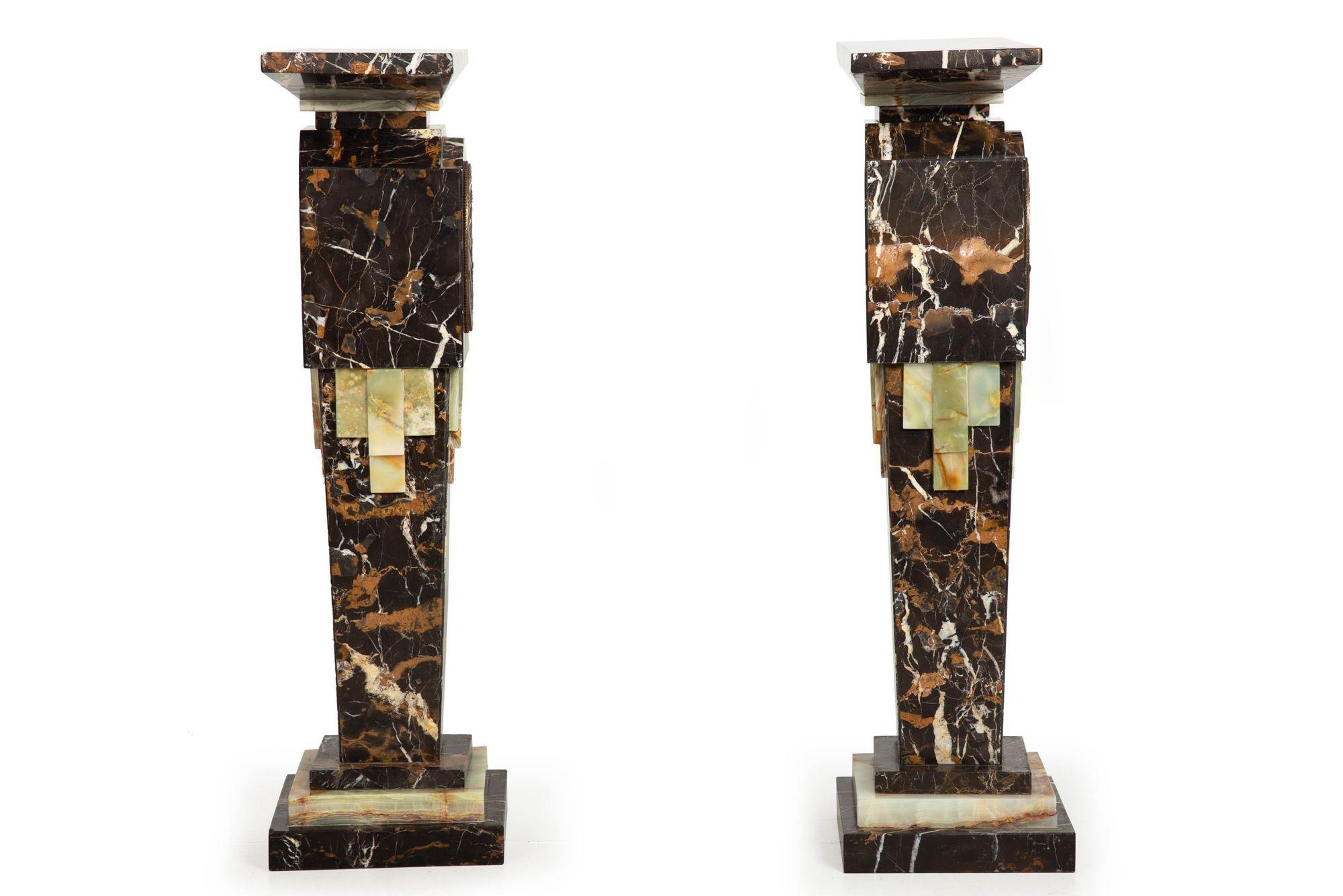Pair of Art Deco Style Marble & Onyx Pedestals Columns with Bronze Panels In Good Condition For Sale In Shippensburg, PA